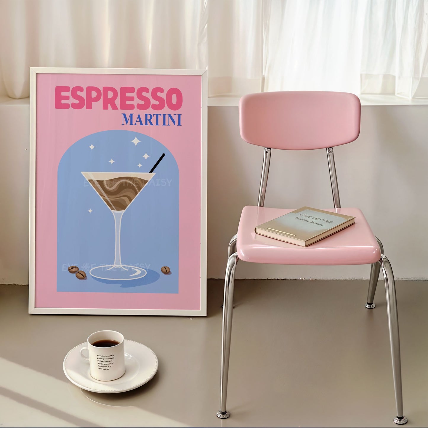 Modern vibrant "Espresso Martini" cocktail poster in pink and blue with a retro style, great for home bar wall decor