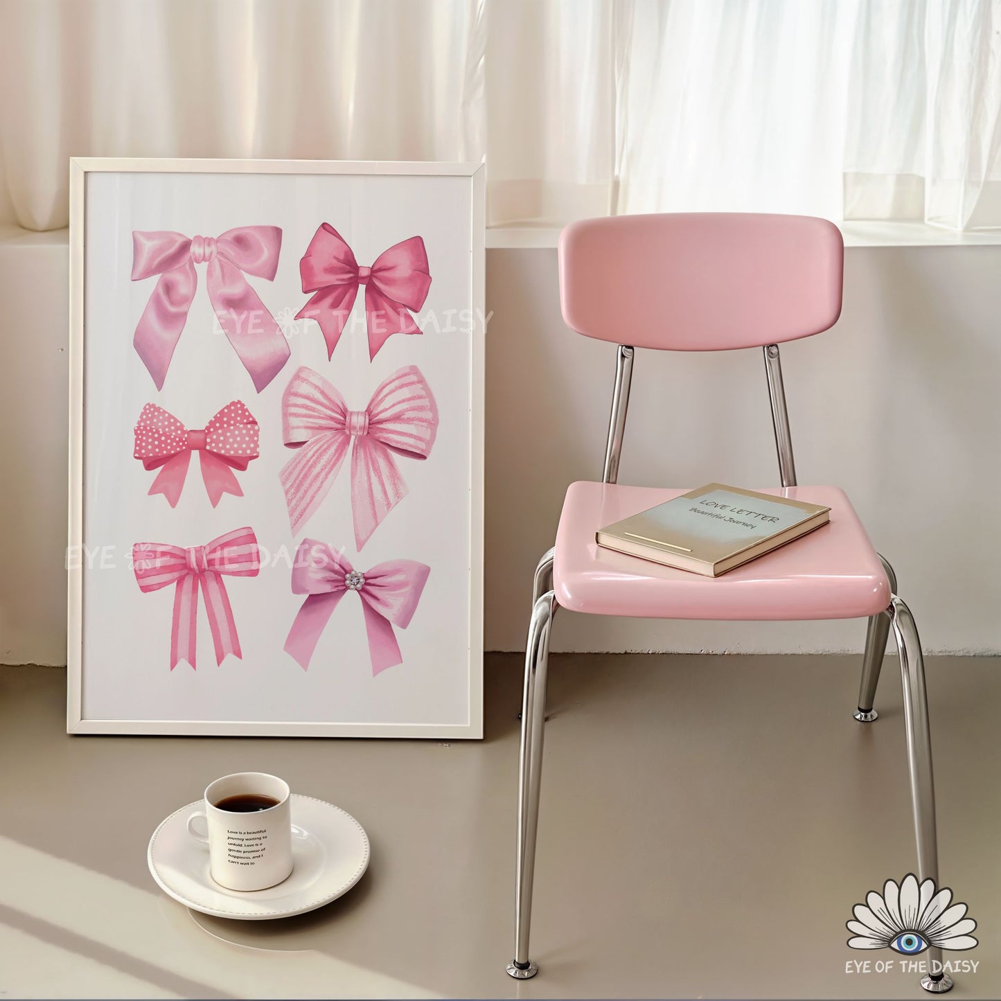 Coquette bows printable wall art, pink trendy ribbons print instant download for preppy dorm room decor