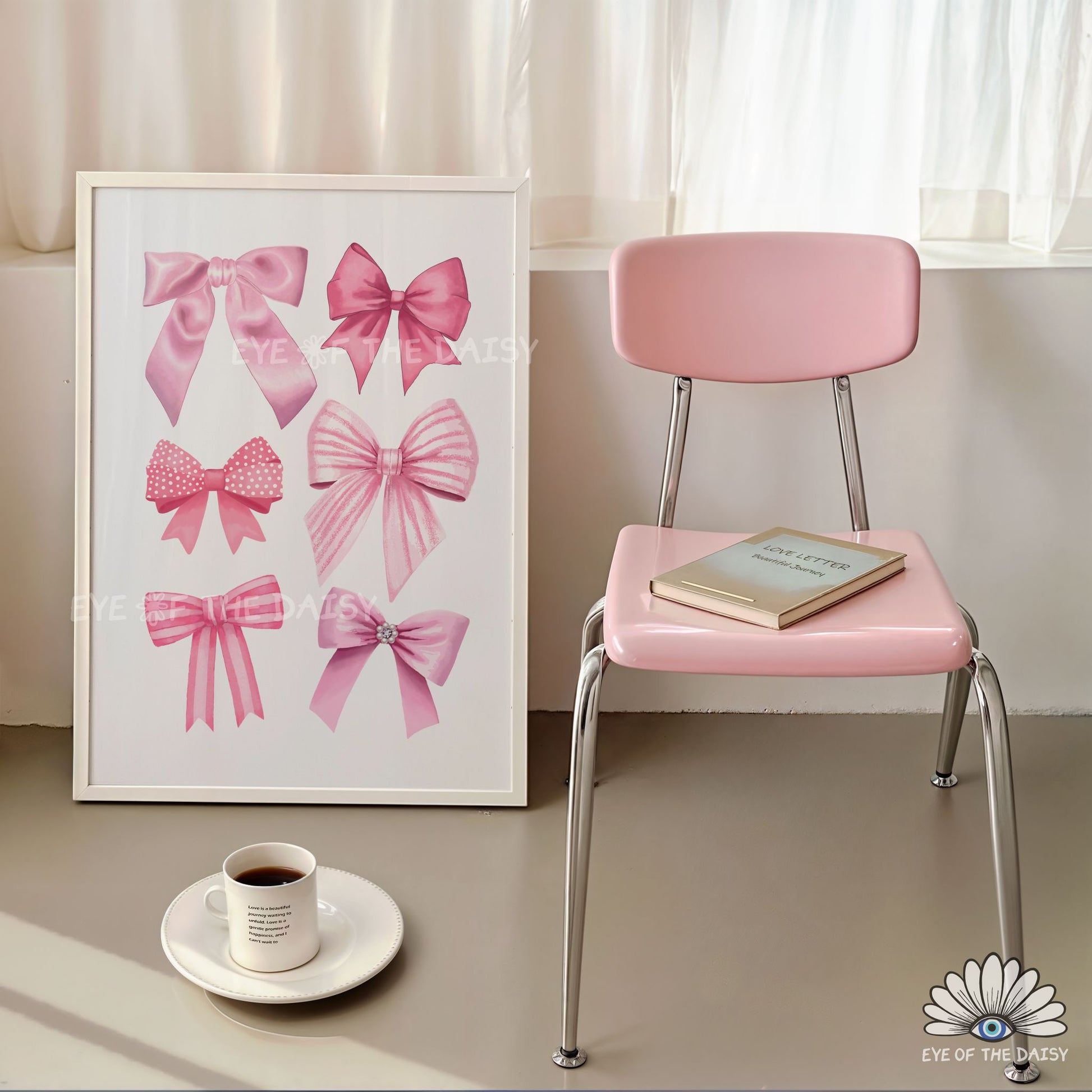 Coquette bows printable wall art, pink trendy ribbons print instant download for preppy dorm room decor