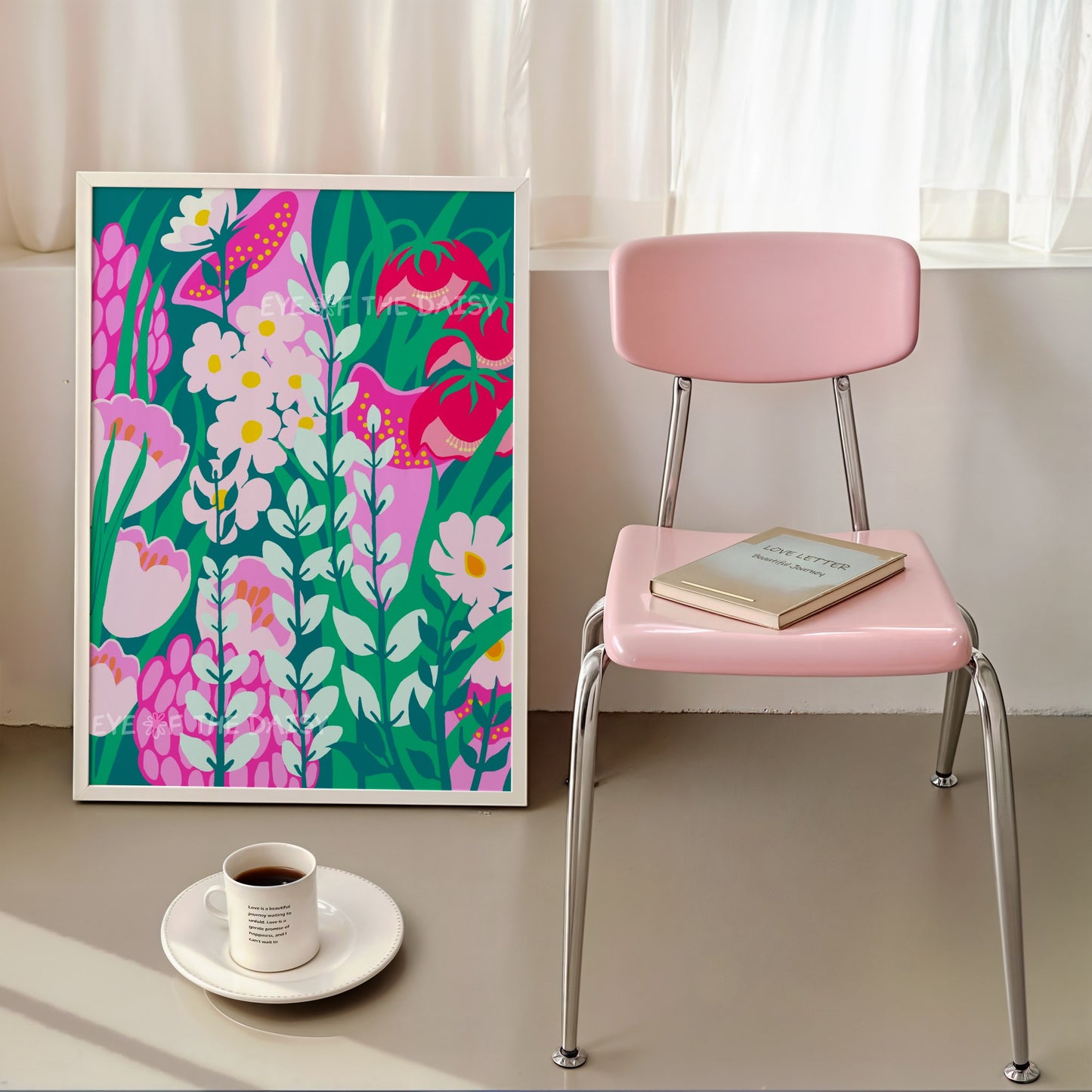 Printable abstract wildflower poster – colourful botanical design in mint and pink, digital art for trendy apartment decor