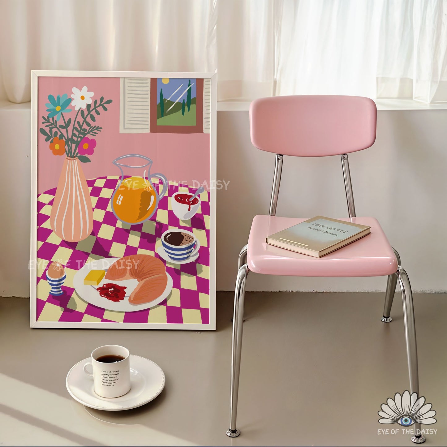 Breakfast Table Illustration Digital Print | Croissant Eggs Coffee Food Printable Wall Art