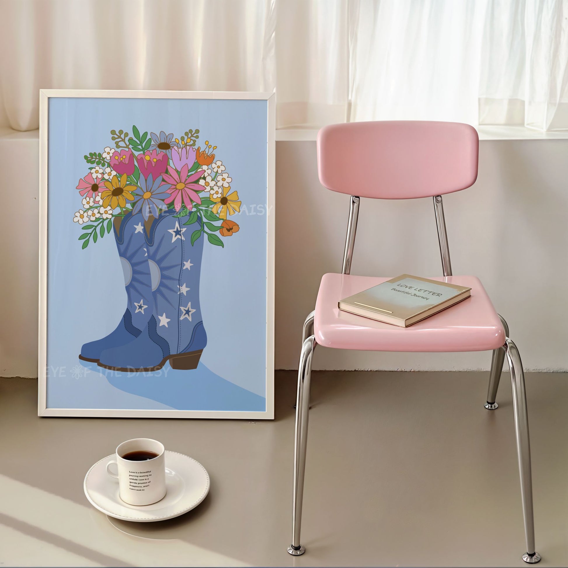 Trendy Y2K floral cowgirl boots art print in blue – cute instant download poster, girly apartment wall decor, coastal cowgirl style