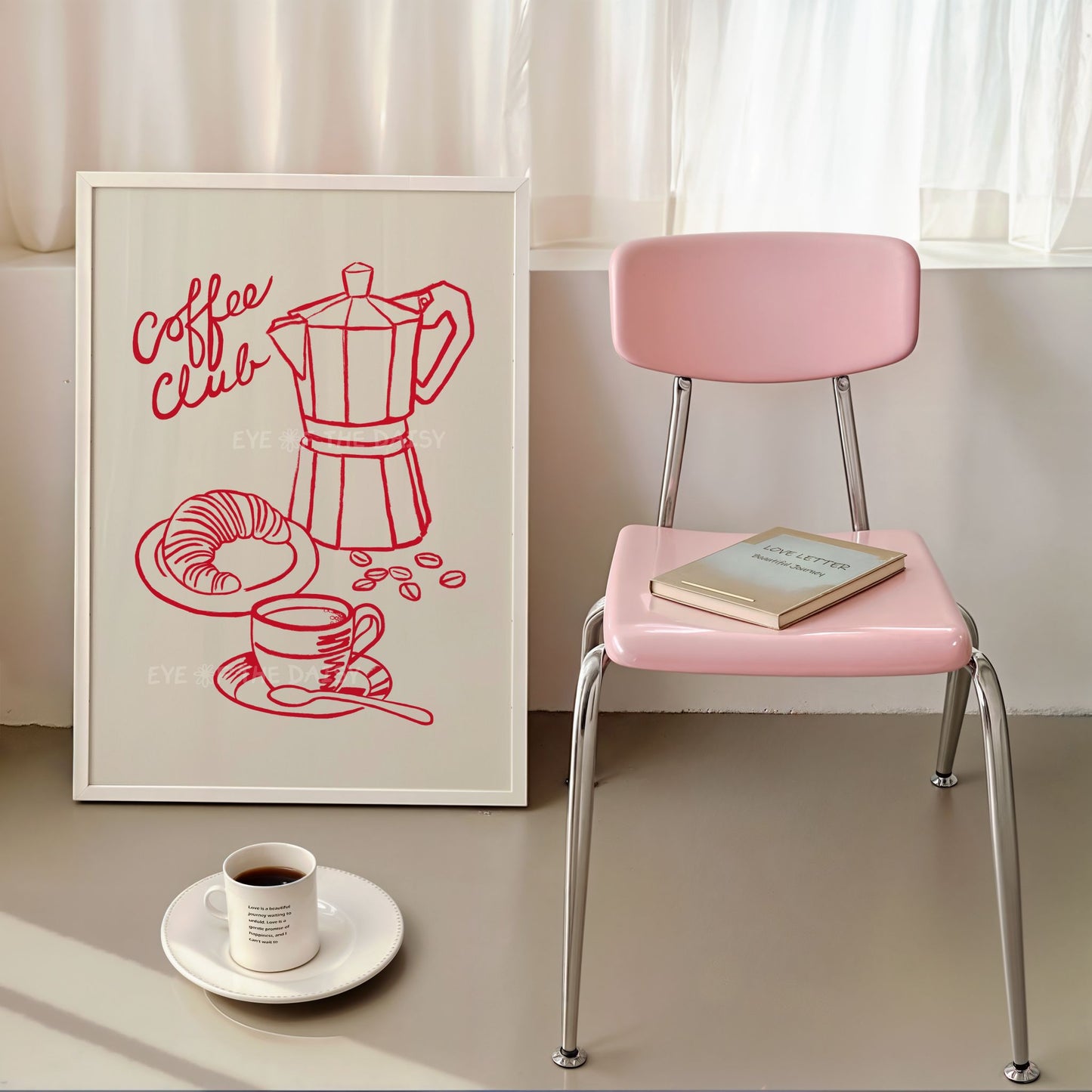 Trendy "Coffee Club" digital print of a red hand drawn contemporary illustration of a coffee pot, cup of coffee and croissant