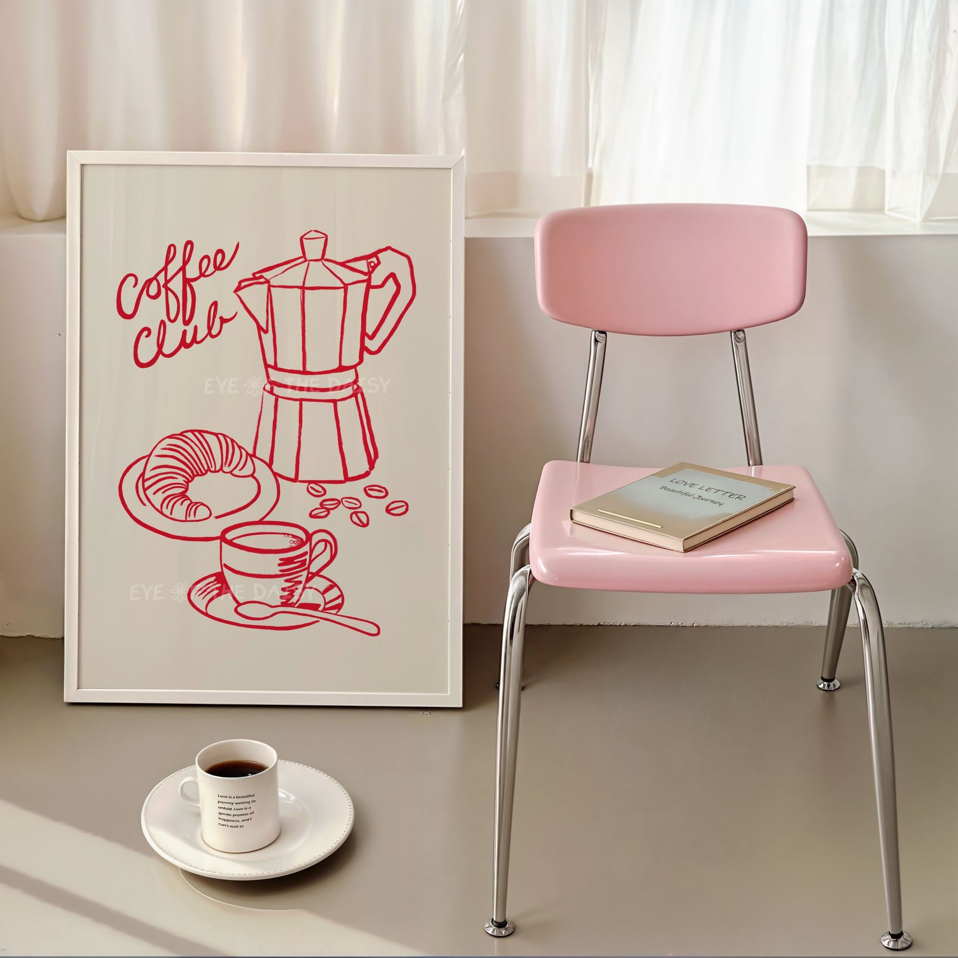 Trendy "Coffee Club" digital print of a red hand drawn contemporary illustration of a coffee pot, cup of coffee and croissant