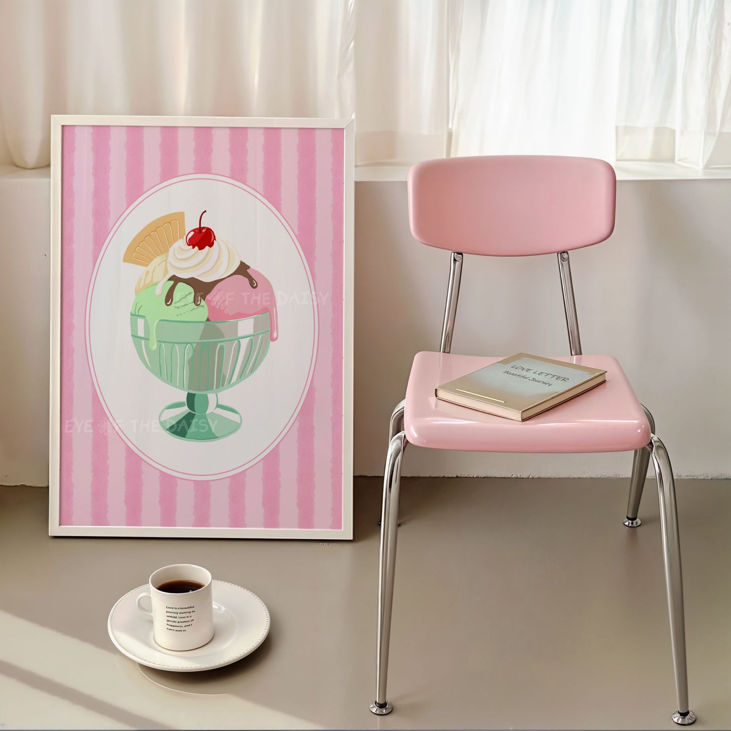 Vintage style artwork of a gelato ice cream sundae, pink pastel color kitchen wall decor printable