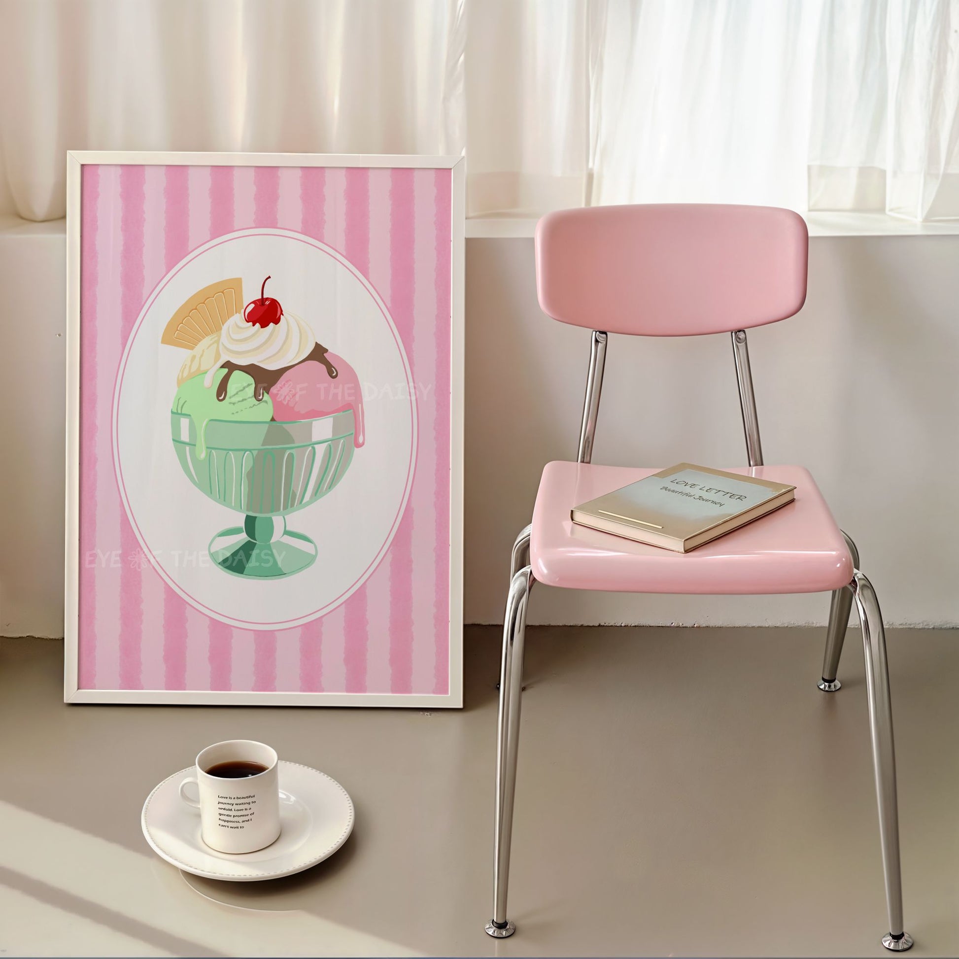 Vintage style artwork of a gelato ice cream sundae, pink pastel color kitchen wall decor printable