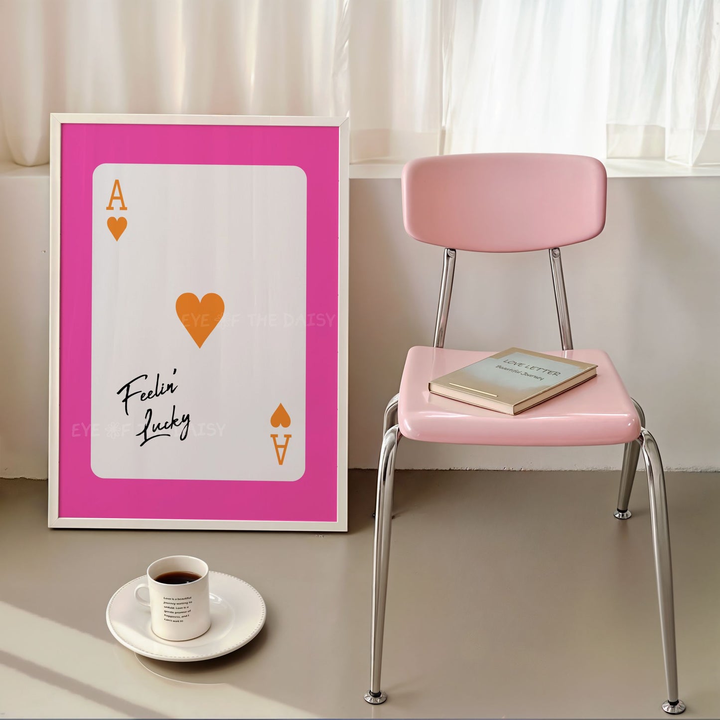 Modern ace of hearts poster with positive quote "Feelin' Lucky" in bright pink and orange