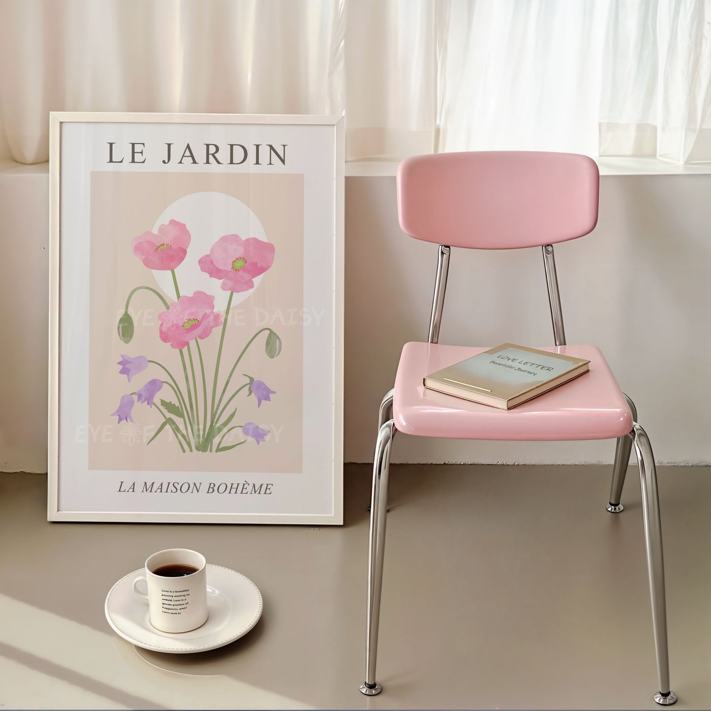 Printable poster set of two — pink poppies and wildflowers digital download, perfect vintage cottagecore dining room wall art or feminine gallery decor