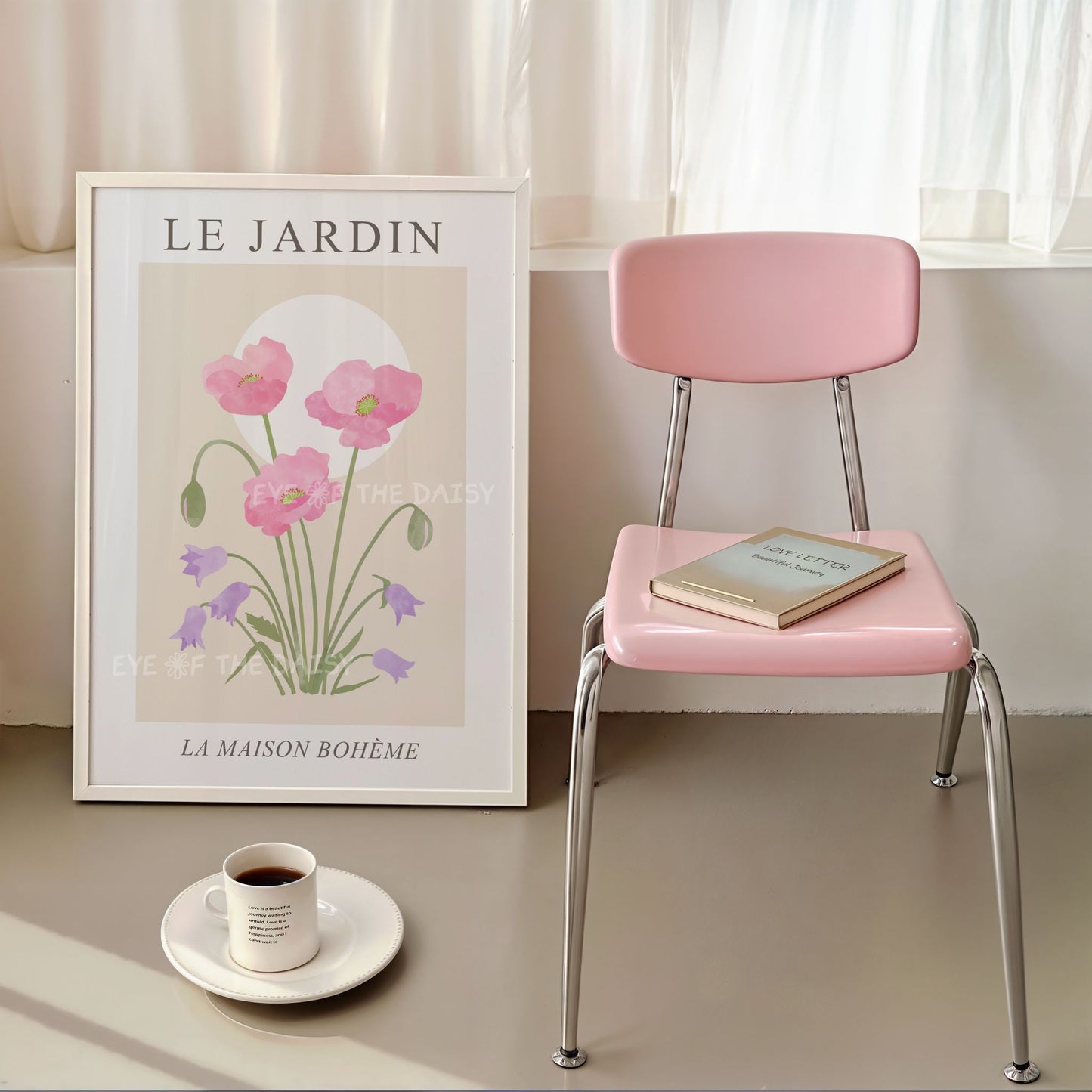 Pastel wildflowers exhibition poster – Le Jardin printable wall art for modern sophisticated apartment, botanical decor with vintage vibes