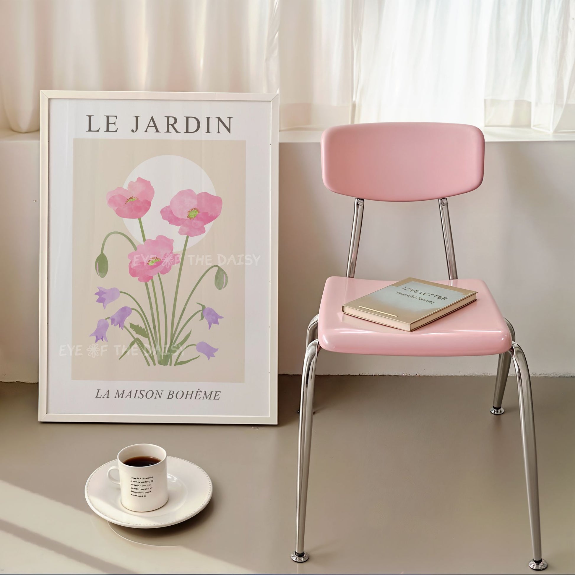 Pastel wildflowers exhibition poster – Le Jardin printable wall art for modern sophisticated apartment, botanical decor with vintage vibes