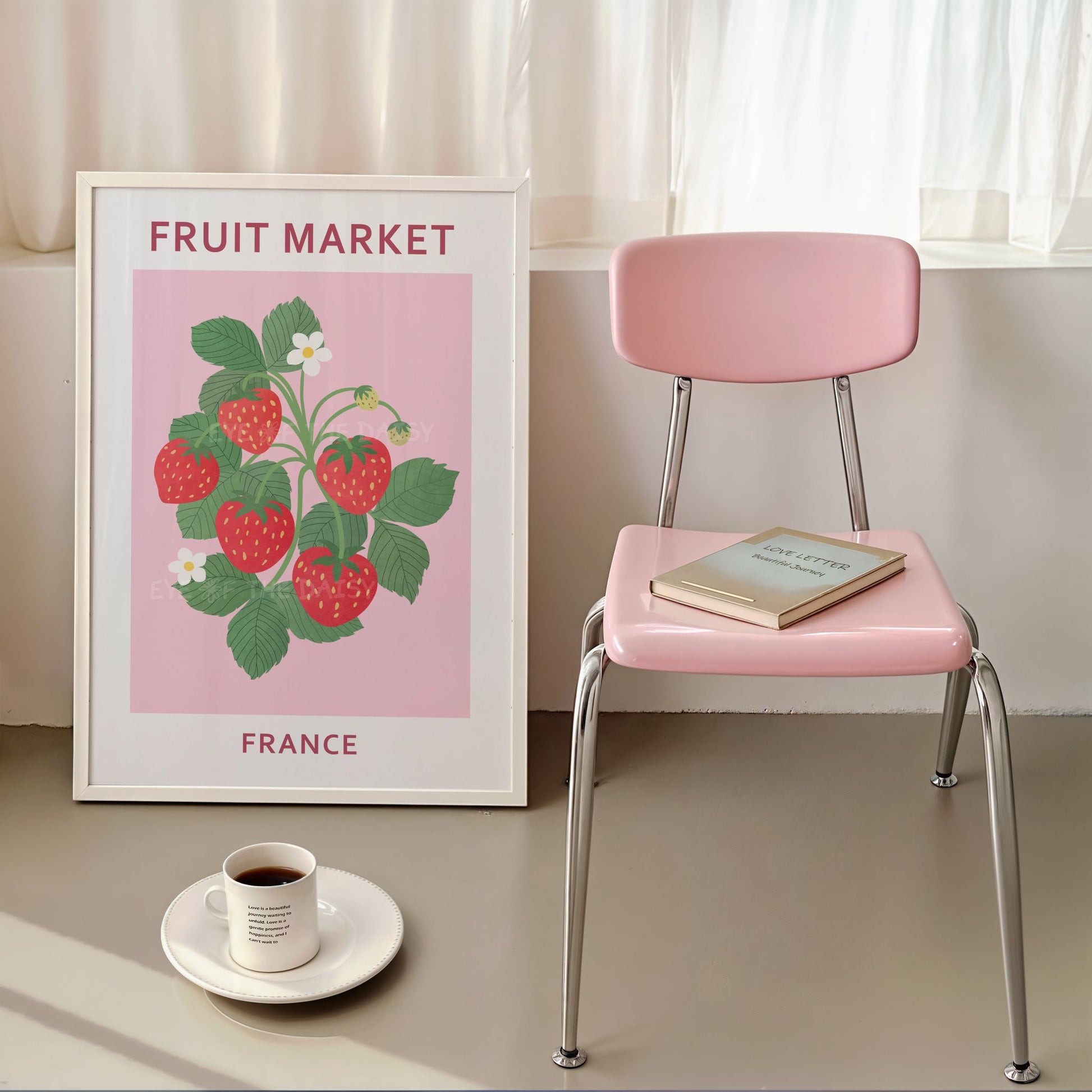 Fruit Market France strawberry print — pastel pink fruit poster download for cute dorm room or boho chic apartment wall decor