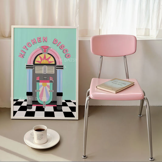 Kitchen Disco poster printable, pastel jukebox digital art for fun dopamine kitchen wall decor, downloadable art