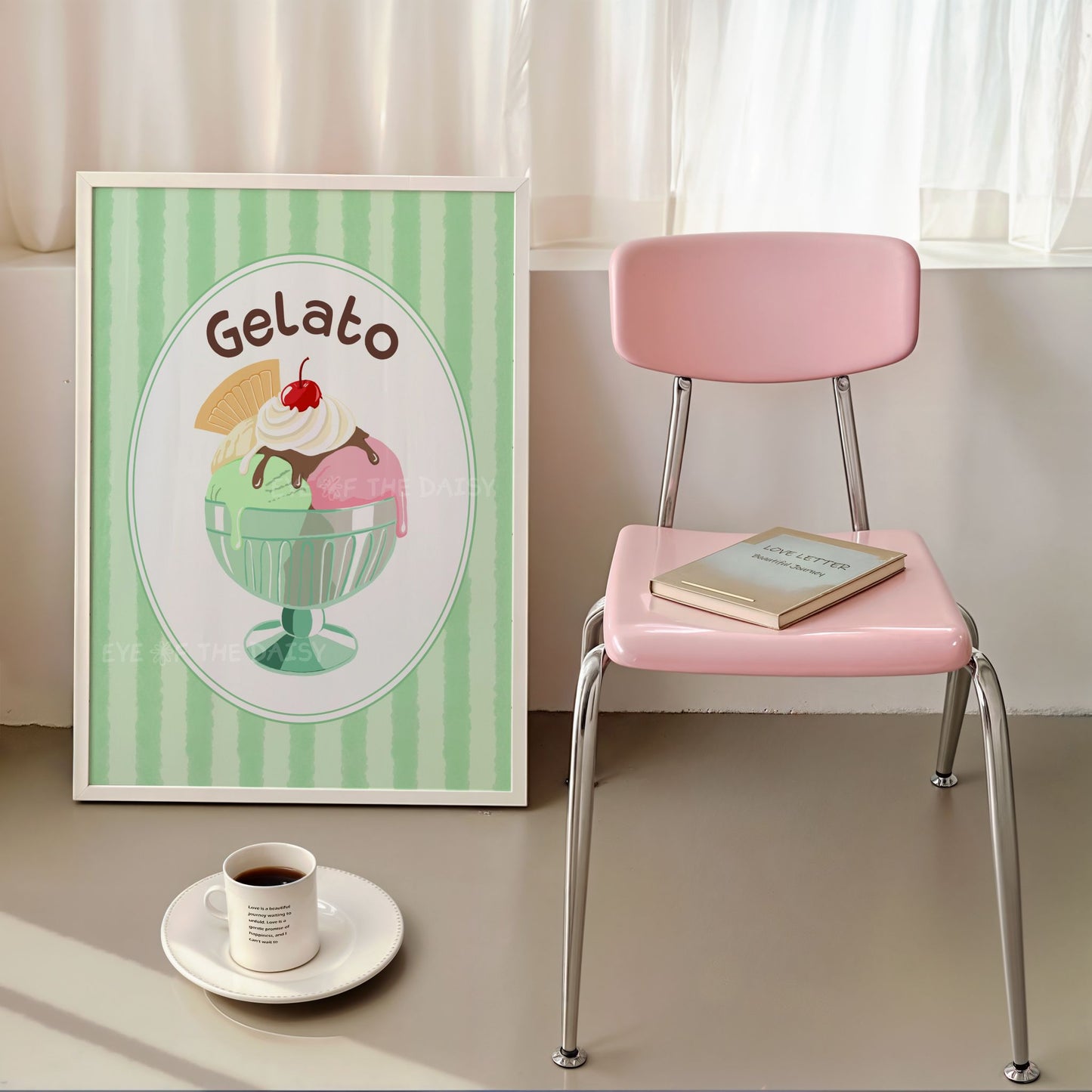 Vintage style "Gelato" Italian ice cream print, with pastel green stripes and pastel colours, great kitchen wall decor