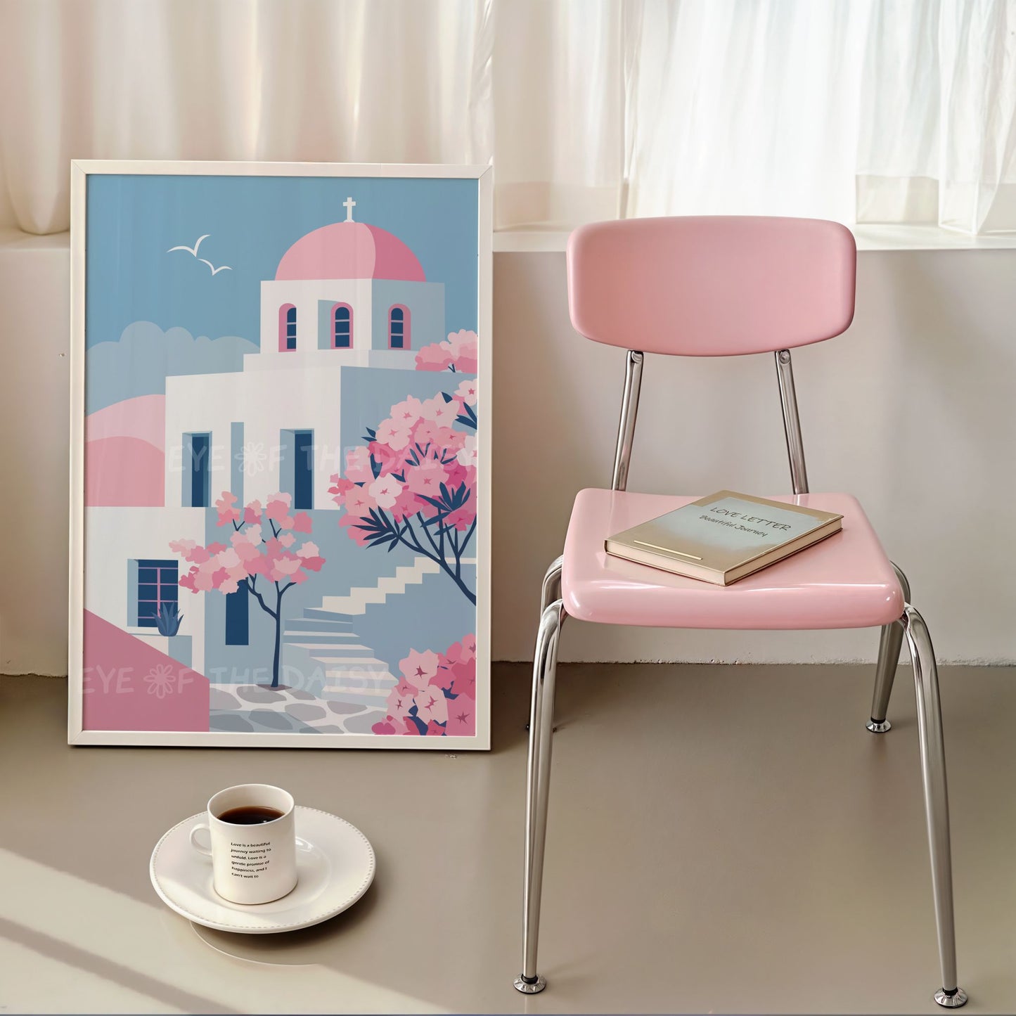 Set of two Paros Greece printable posters in blue and pink, digital art for relaxed modern living room or coastal-inspired wall decor