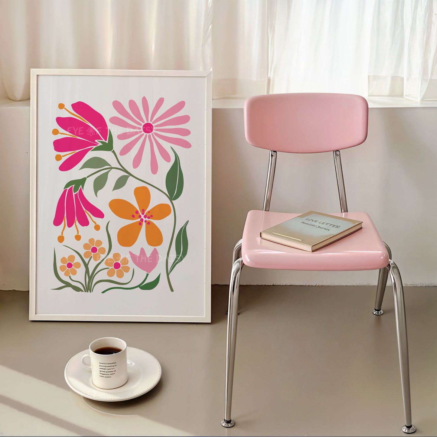 Printable boho flower poster in bright pinks and oranges, eclectic digital artwork for apartment, girls’ room, or college dorm gallery