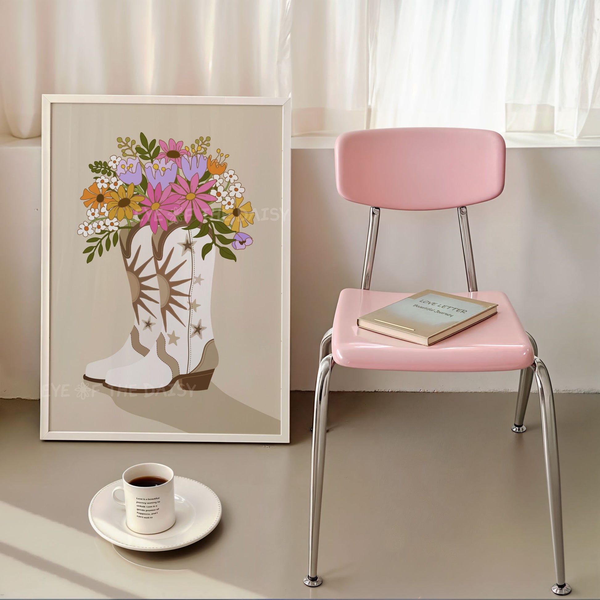 Coastal cowgirl wall art featuring white cowboy boots with florals, dopamine decor print download for dorm, playroom or girl's space