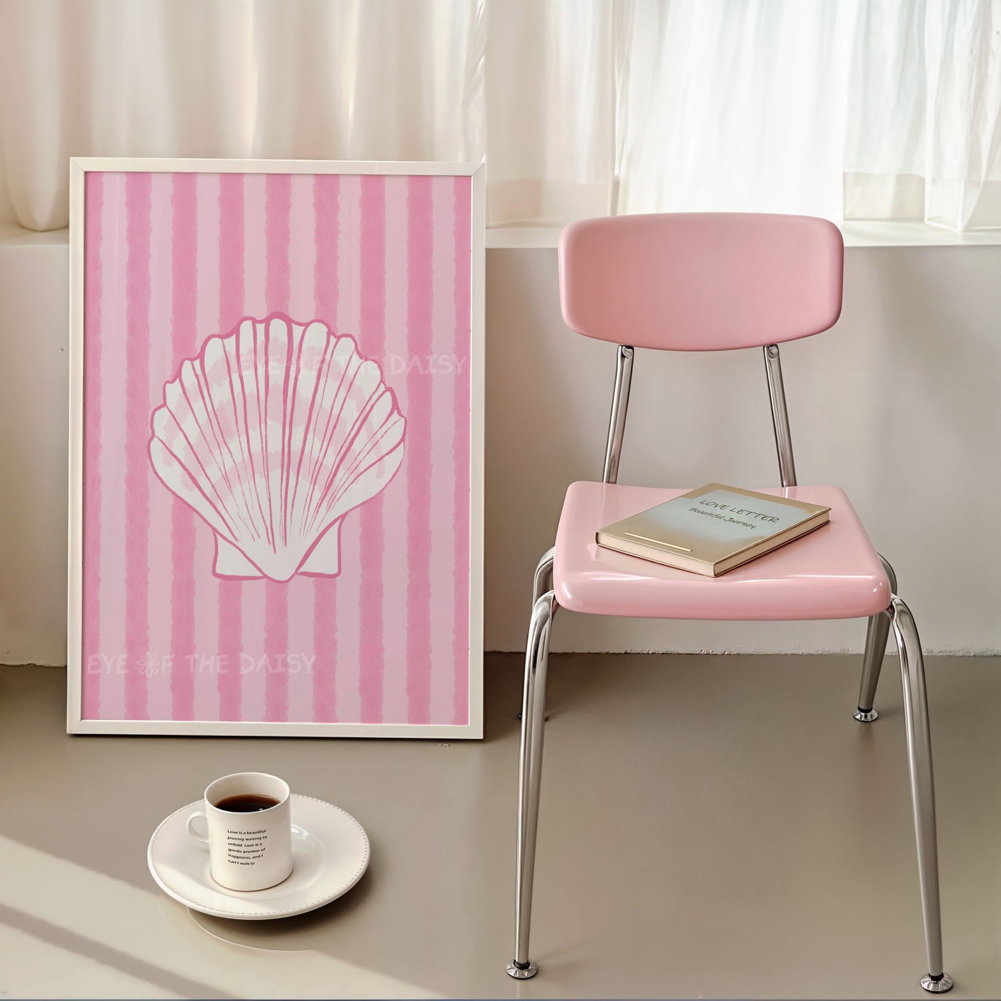 Cute pink hand drawn sea shell poster for coquette, dopamine decor or coastal cowgirl decor