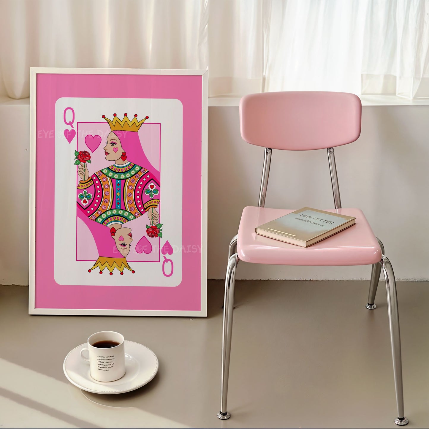 Contemporary Queen of Hearts poster – bold hot pink card illustration, downloadable wall art print for modern apartments