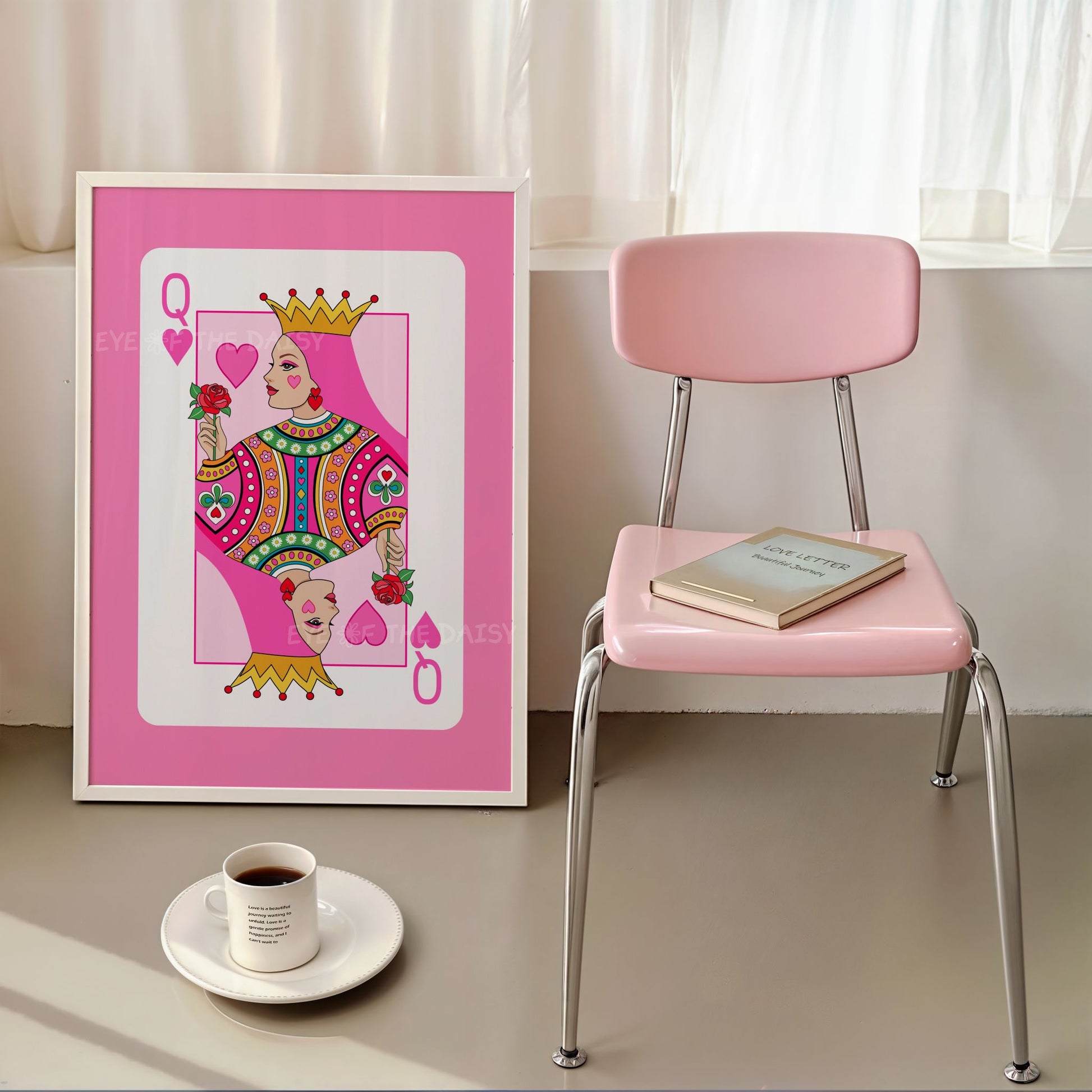 Contemporary Queen of Hearts poster – bold hot pink card illustration, downloadable wall art print for modern apartments