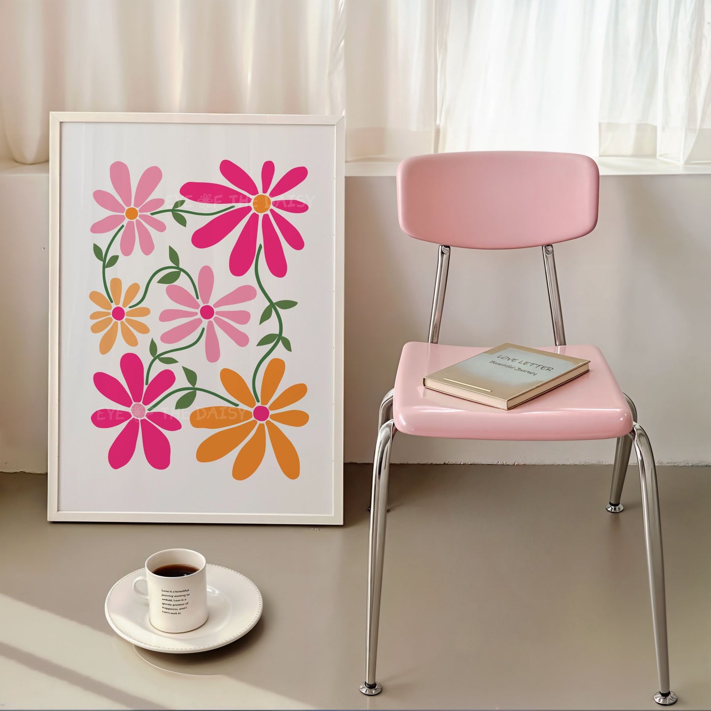 Vibrant boho flower print for dorm wall, digital download poster in pink and orange, printable artwork for college wall decor