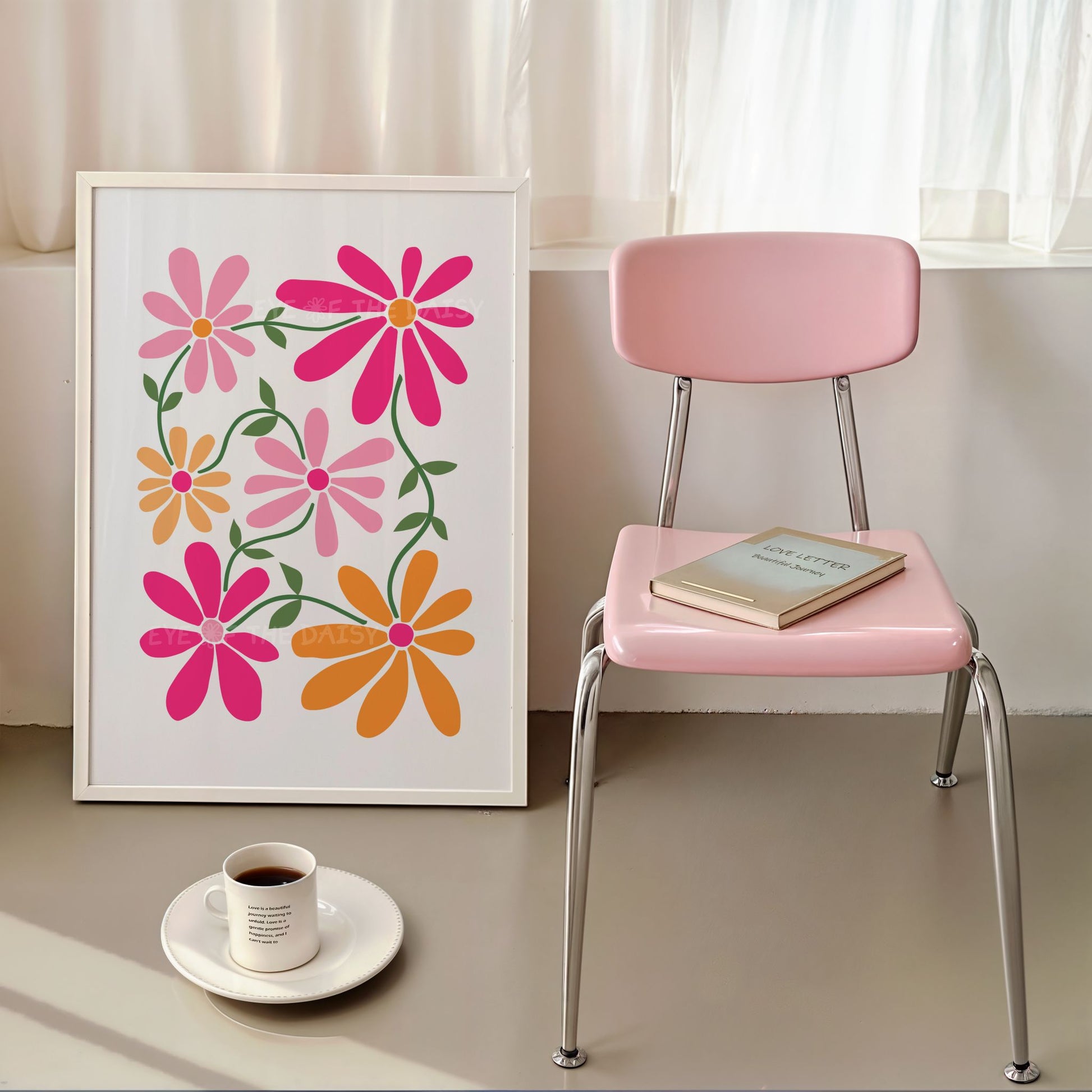 Vibrant boho flower print for dorm wall, digital download poster in pink and orange, printable artwork for college wall decor