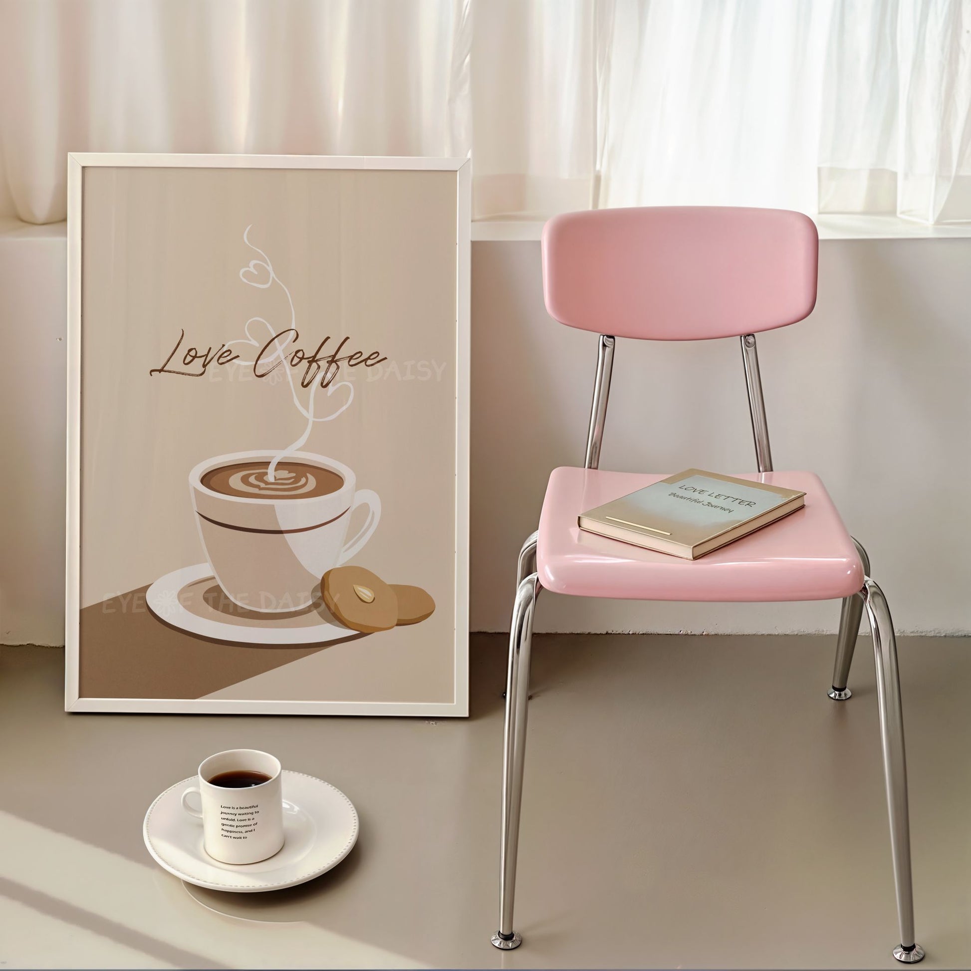 Neutral coffee cup wall art print with an illustration of a steaming cup of coffee and Italian cookies and a "Love Coffee" phrase