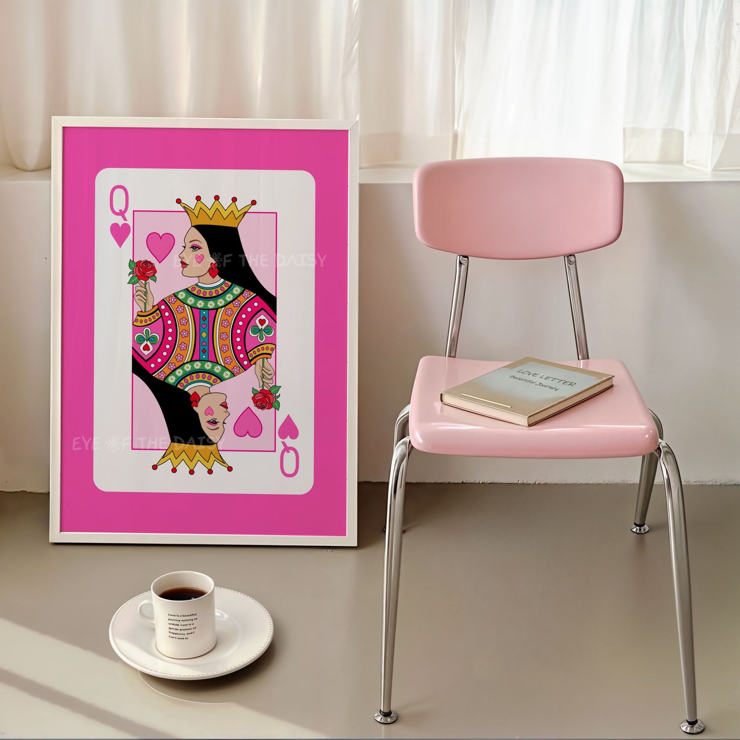 Hot pink Queen of Hearts print – modern digital art download, fun and girly wall decor for trendy apartment styling
