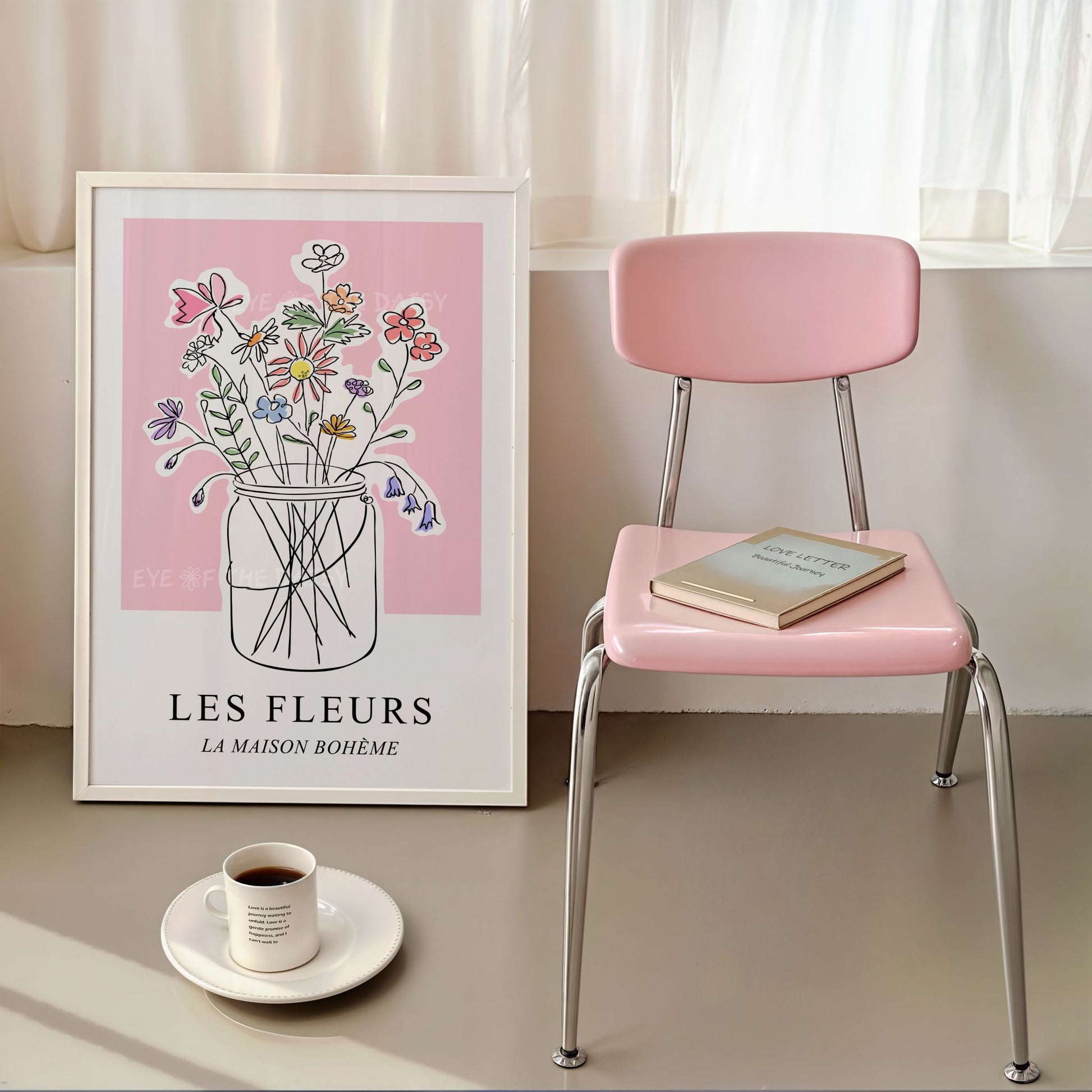 Pastel pink floral printable wall art print with Les Fleurs and hand drawn sketch of a jar of colorful wildflowers