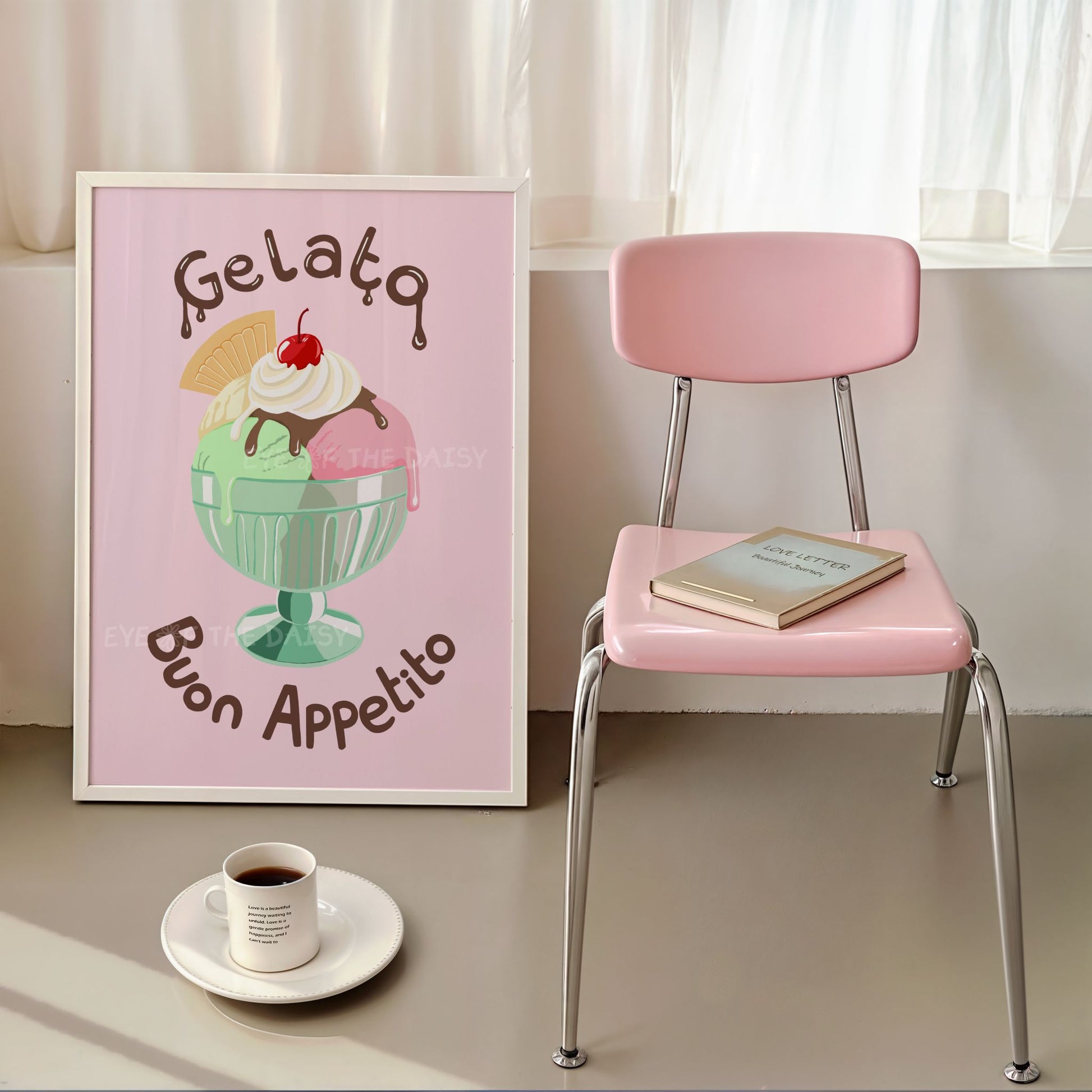 'Gelato Buon Appetito' poster of a pastel ice cream sundae on pink, lovely Italian foodie print for a dopamine kitchen
