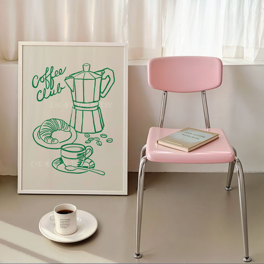 "Coffee Club "digital print of a green hand drawn contemporary illustration of a coffee pot, cup of coffee and croissant