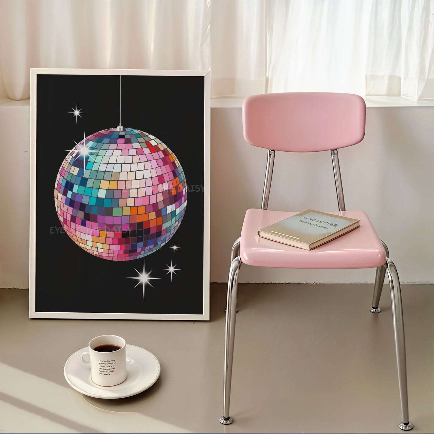 Contemporary disco ball poster print of a colourful hand drawn mirror ball on black, perfect for a trendy dopamine decor living room