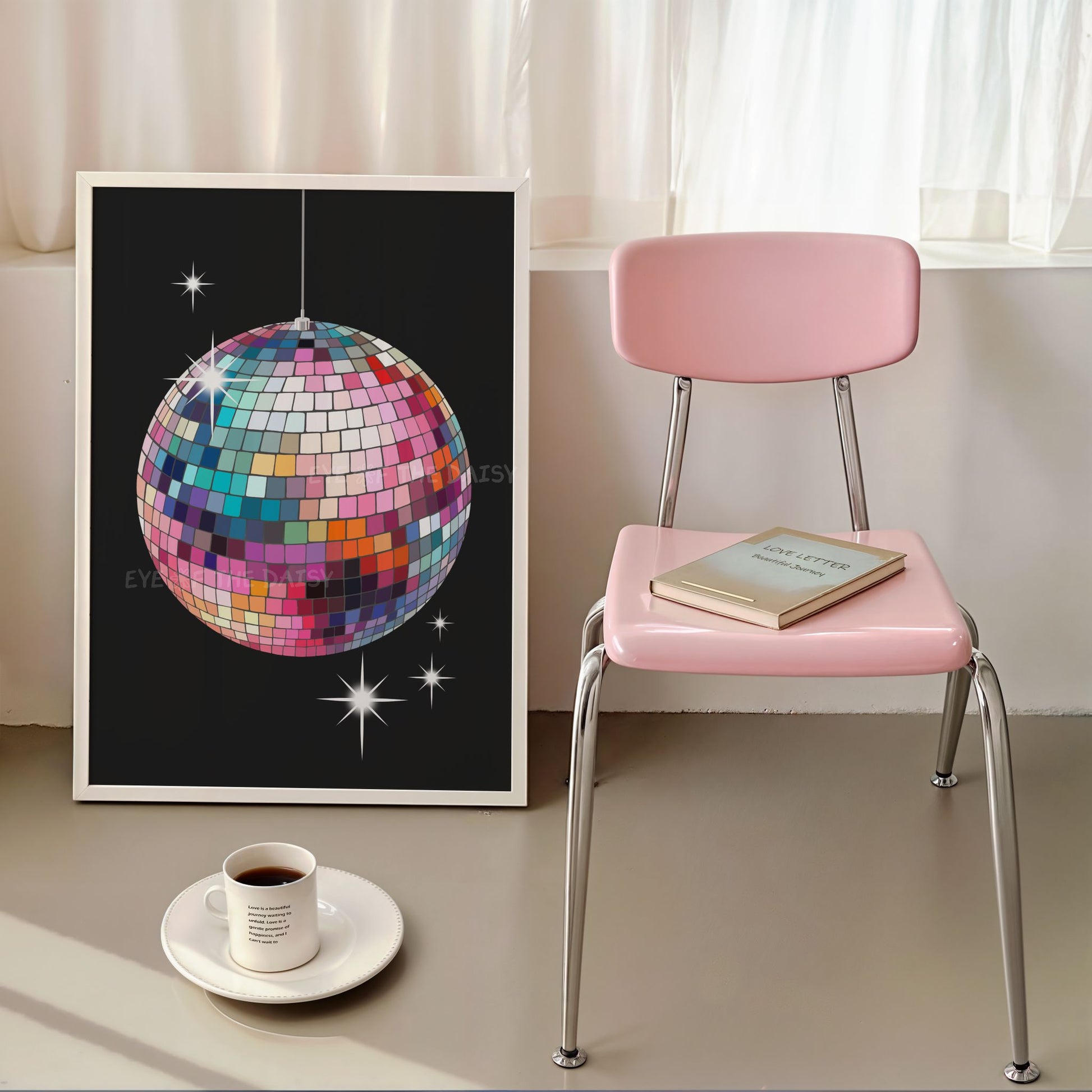 Contemporary disco ball poster print of a colourful hand drawn mirror ball on black, perfect for a trendy dopamine decor living room