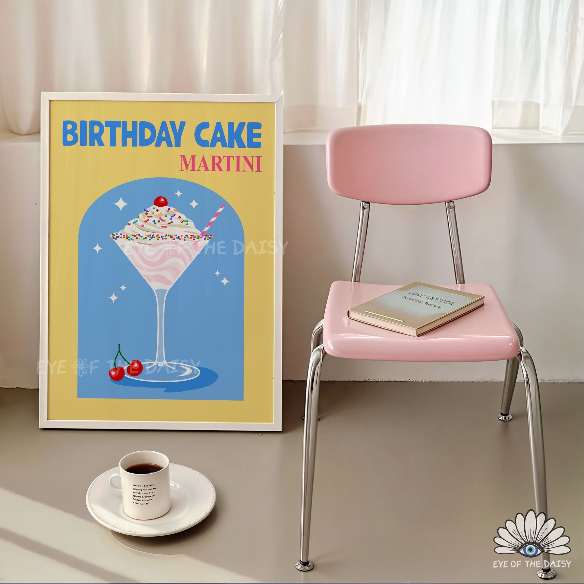 yellow retro cocktail wall art Birthday Cake Martini digital print for home bar or kitchen gallery wall