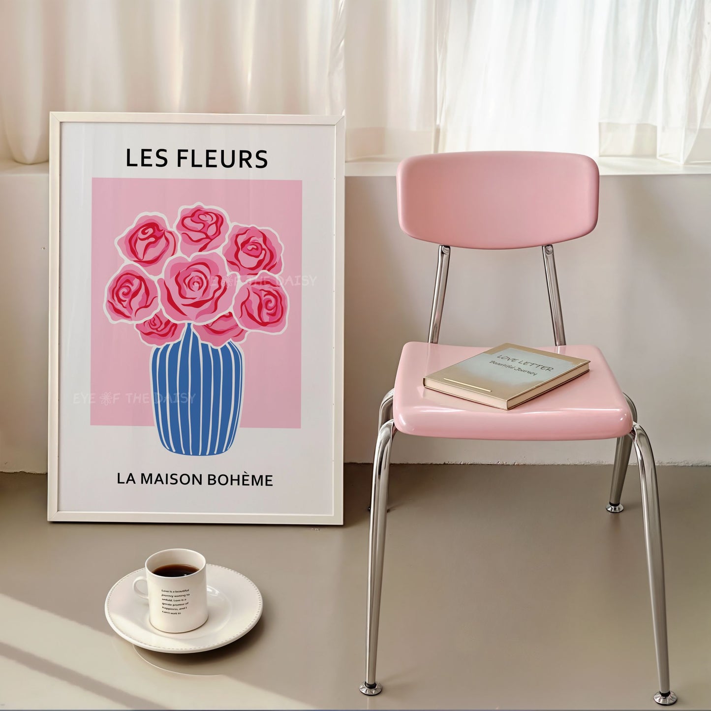 Les Fleurs print - eclectic French floral exhibition poster — vibrant pink and red roses in blue vase, ideal trendy apartment decor