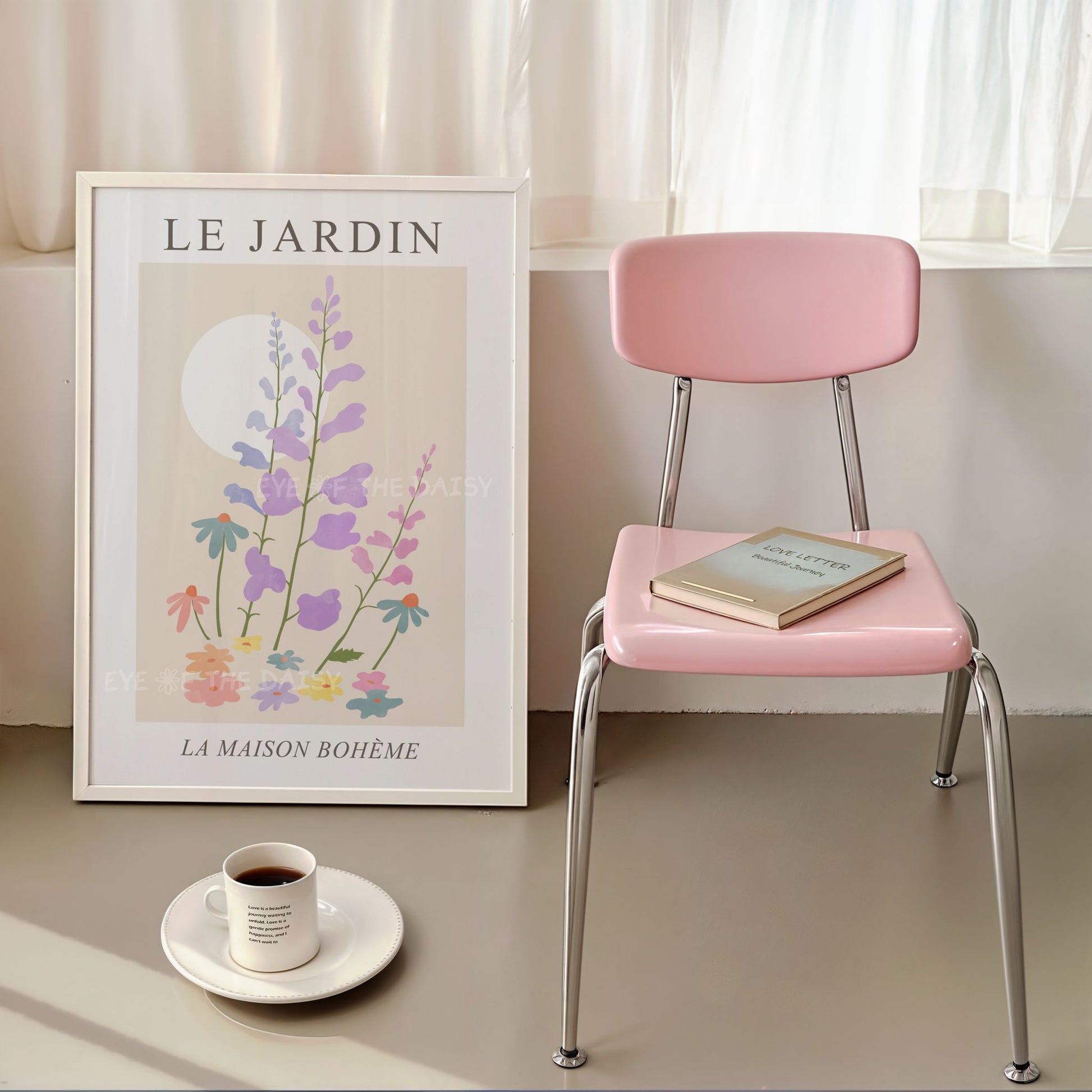 Le Jardin floral print – pastel exhibition-style botanical wall art, printable and calming nursery decor for a baby or toddler’s soft space