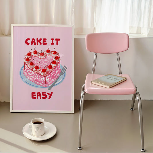 Cute coquette cherry heart cake poster in pink and red, with funny "Cake it Easy" quote, hand drawn girl dinner print