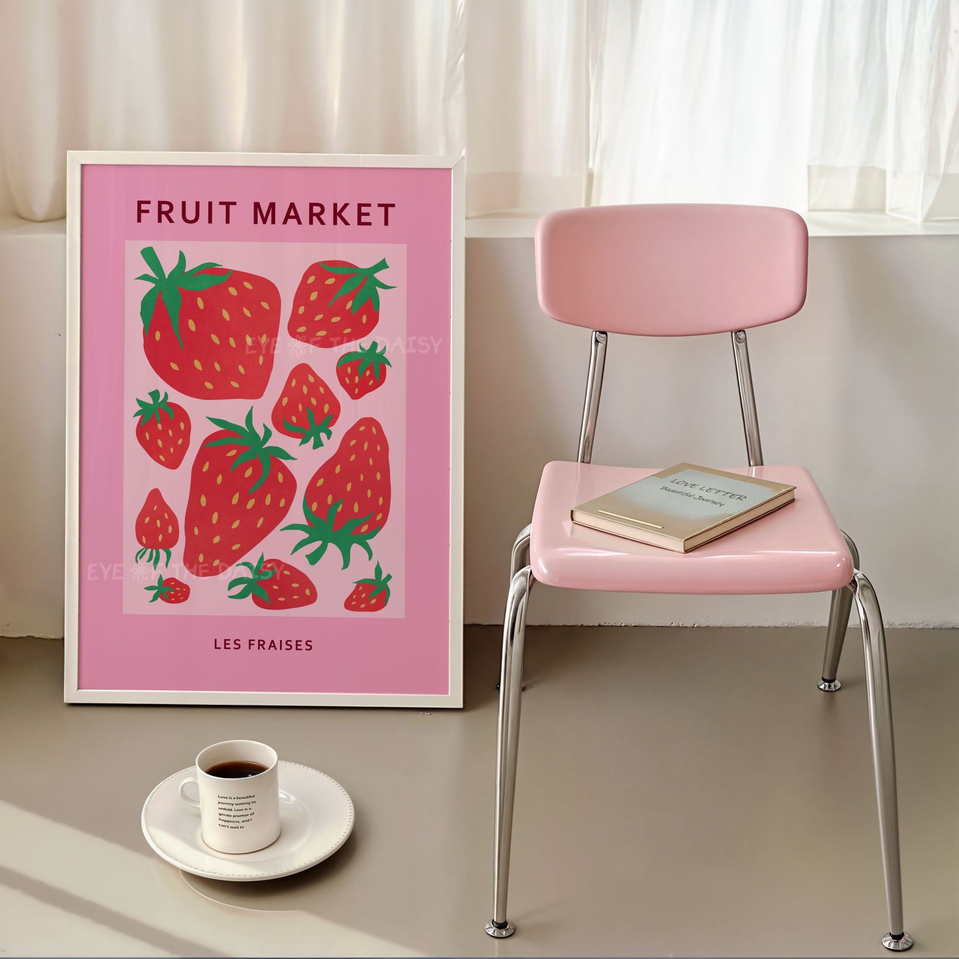 Modern trendy strawberry 'Fruit Market' art print of red strawberries on pink, great fun strawberries printable wall decor