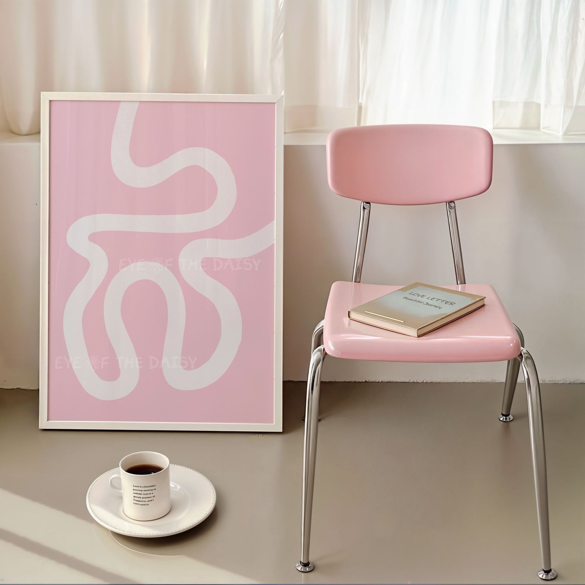 Minimal abstract wall art print in pink and white with contemporary scribble line drawing design