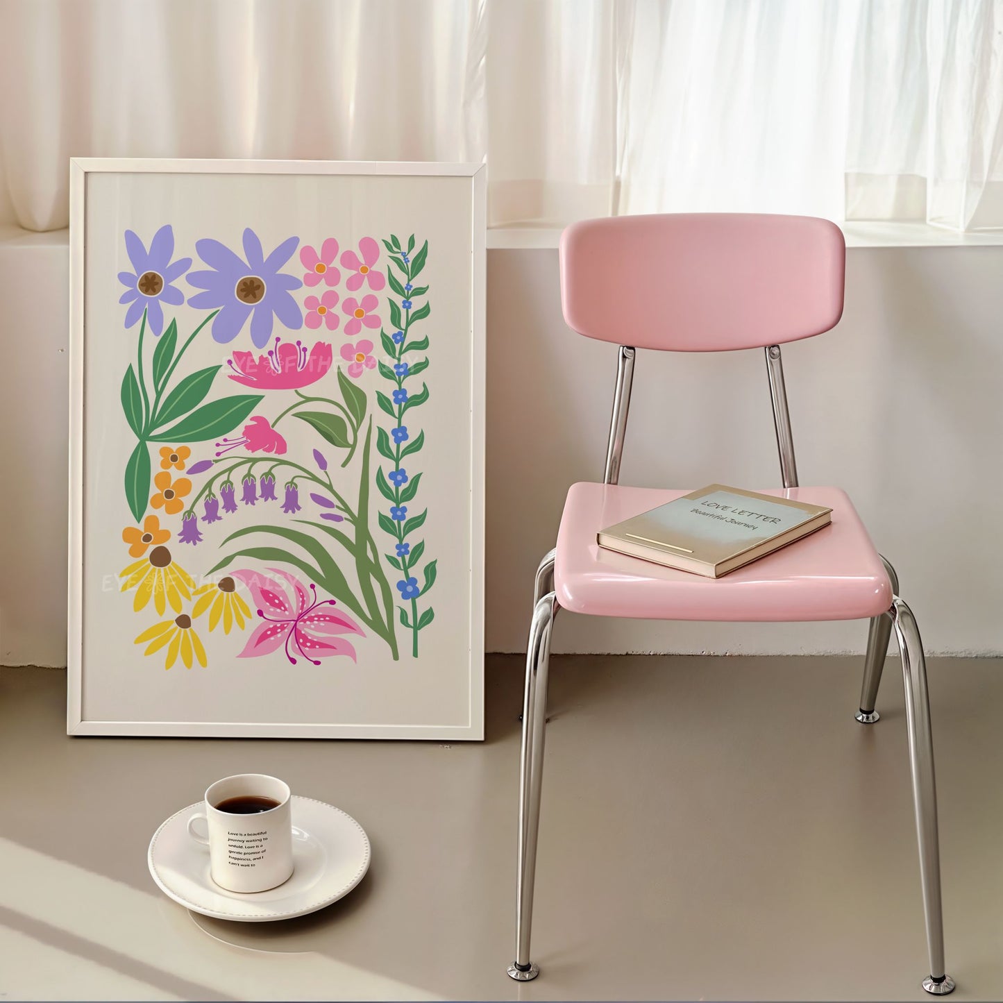 Modern abstract botanical art print with vibrant lilac, purple, blue, green, orange, yellow and pink abstract flowers intertwining