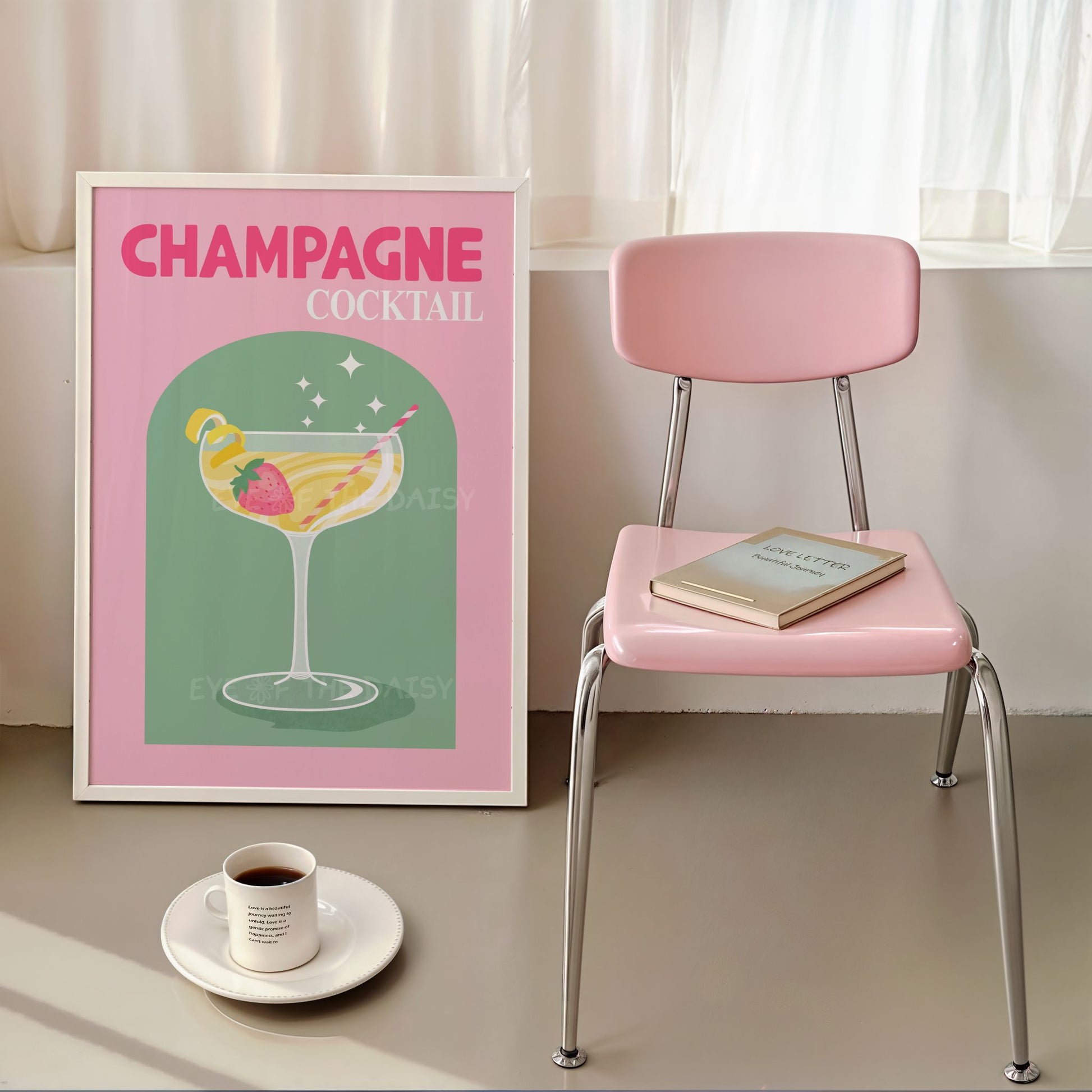 Trendy pink & green cocktail wall art – retro champagne printable, perfect downloadable poster for colorful modern apartment decor