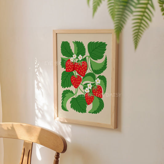 Strawberry plant wall art – funky colourful print for vacation rental decor, digital download with abstract fruit and leaves design