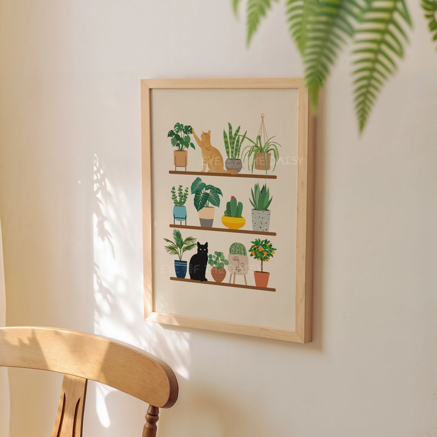 Ginger & black cat and houseplants art print – digital wall decor download for cozy reading nook or plant lover's space