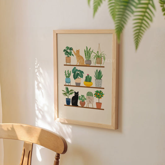 Ginger & black cat and houseplants art print – digital wall decor download for cozy reading nook or plant lover's space