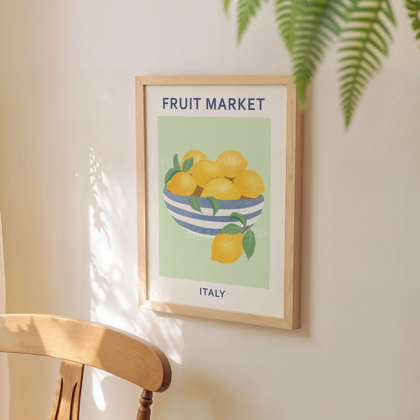 Printable lemon bowl poster — Fruit Market Italy digital download art print with botanical fruit on pastel green background
