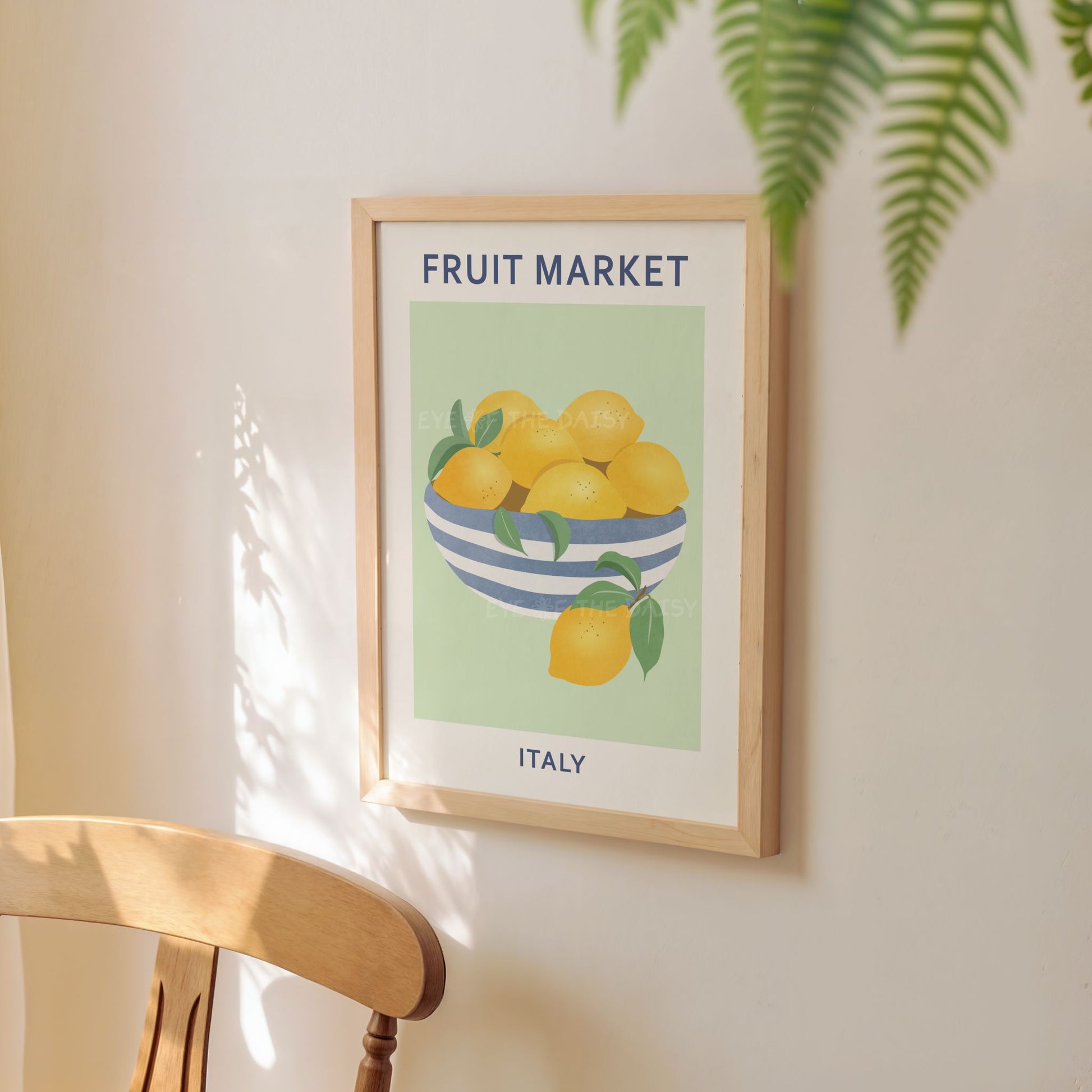 Printable lemon bowl poster — Fruit Market Italy digital download art print with botanical fruit on pastel green background