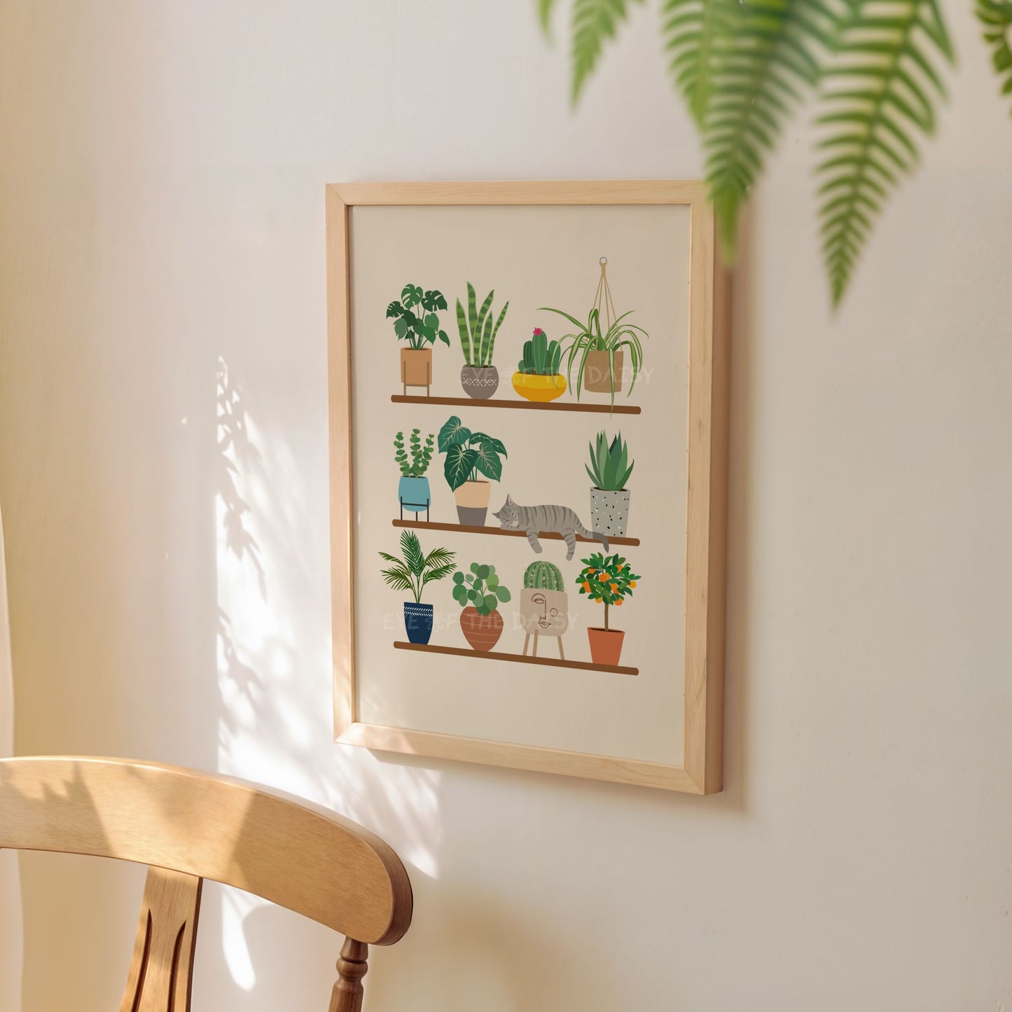 Cat and houseplants art print – digital wall decor download for cozy reading nook or plant lover's space