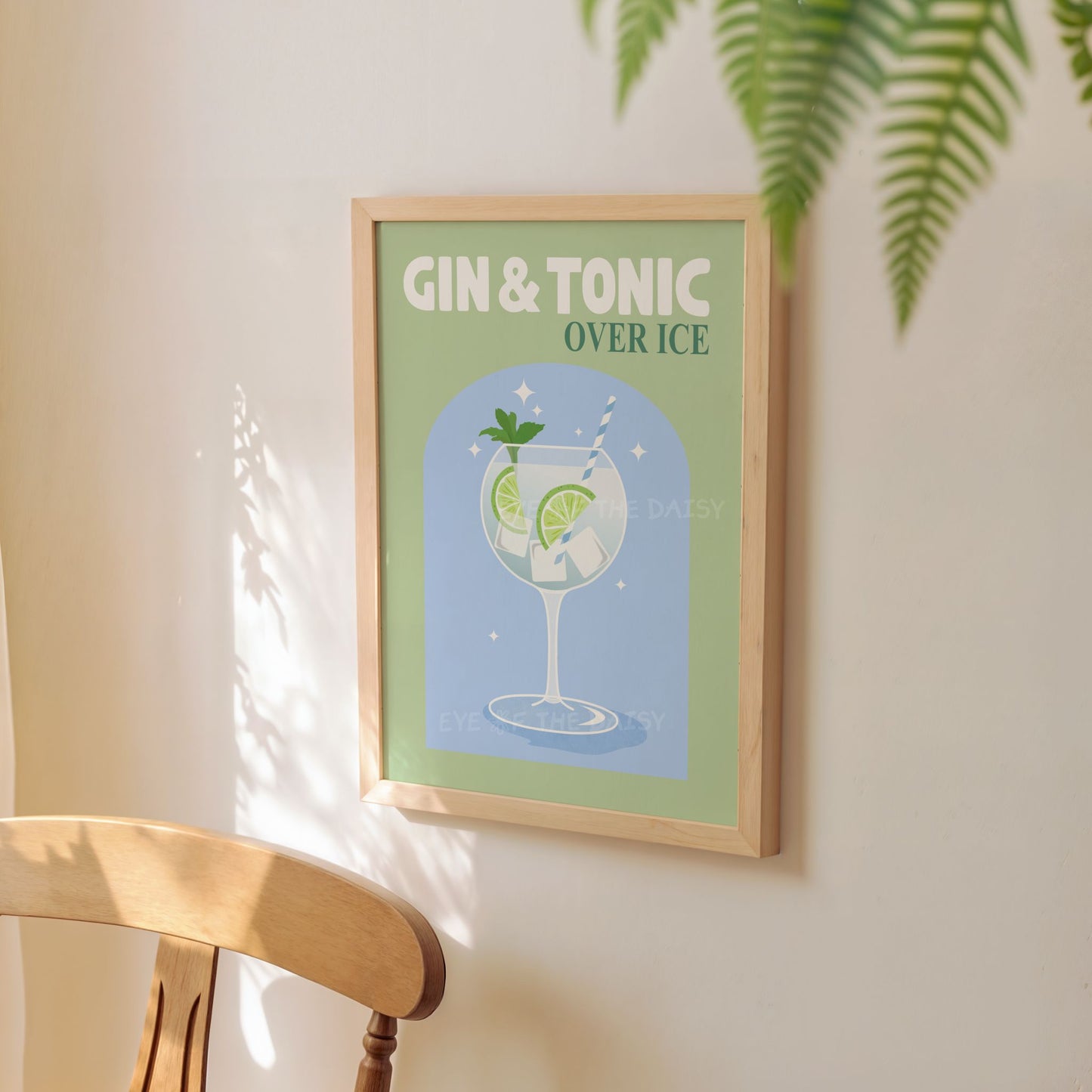 Trendy Gin & Tonic cocktail poster in fun modern style, printable wall art digital download for bar cart or vibrant kitchen decor