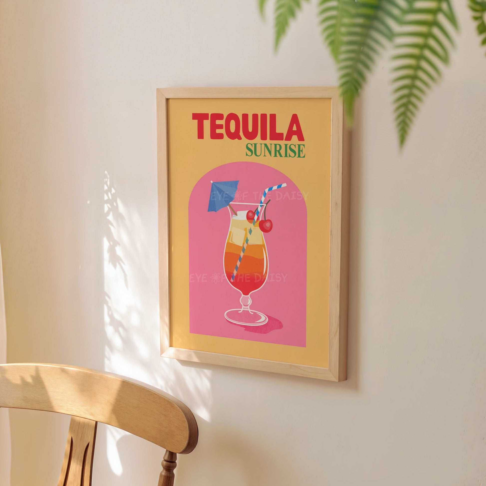 Printable Tequila Sunrise wall art in warm vibrant tones, perfect drink poster for modern kitchen gallery wall or entertaining space