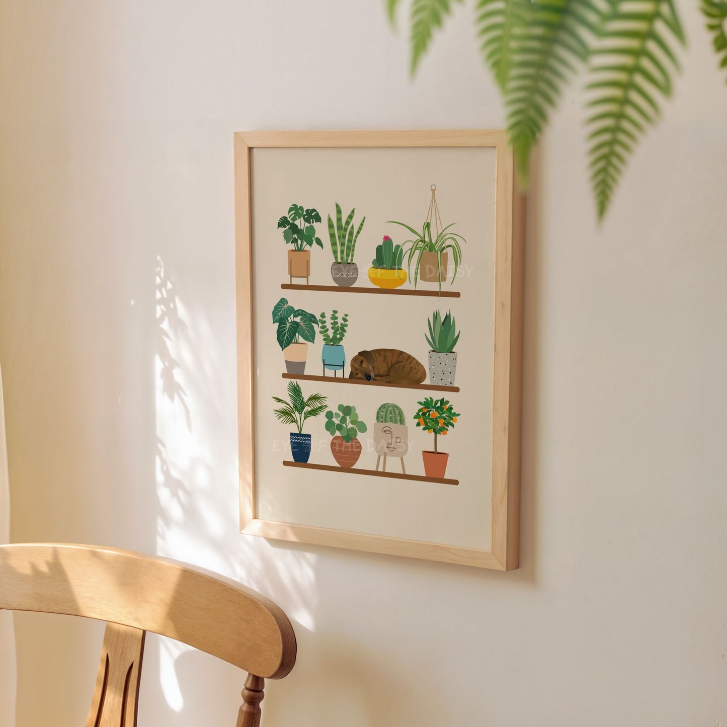 Boho botanical shelf art – sleeping dog digital download, printable plant wall poster for quirky interiors