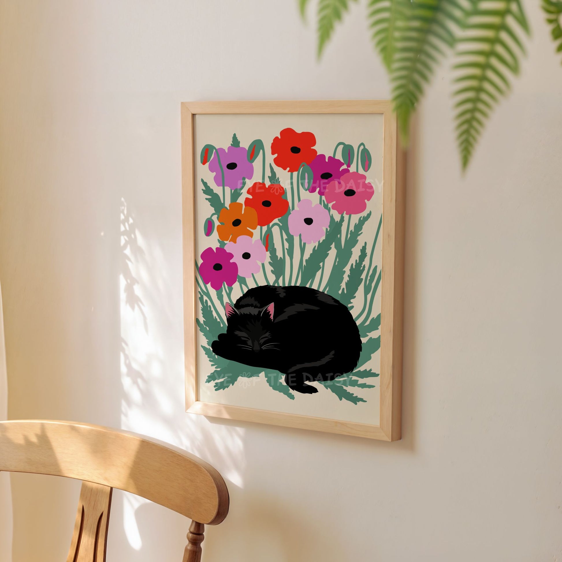 Sleeping cat in retro poppy field printable poster, eclectic boho wall decor, digital download art print for cozy corners